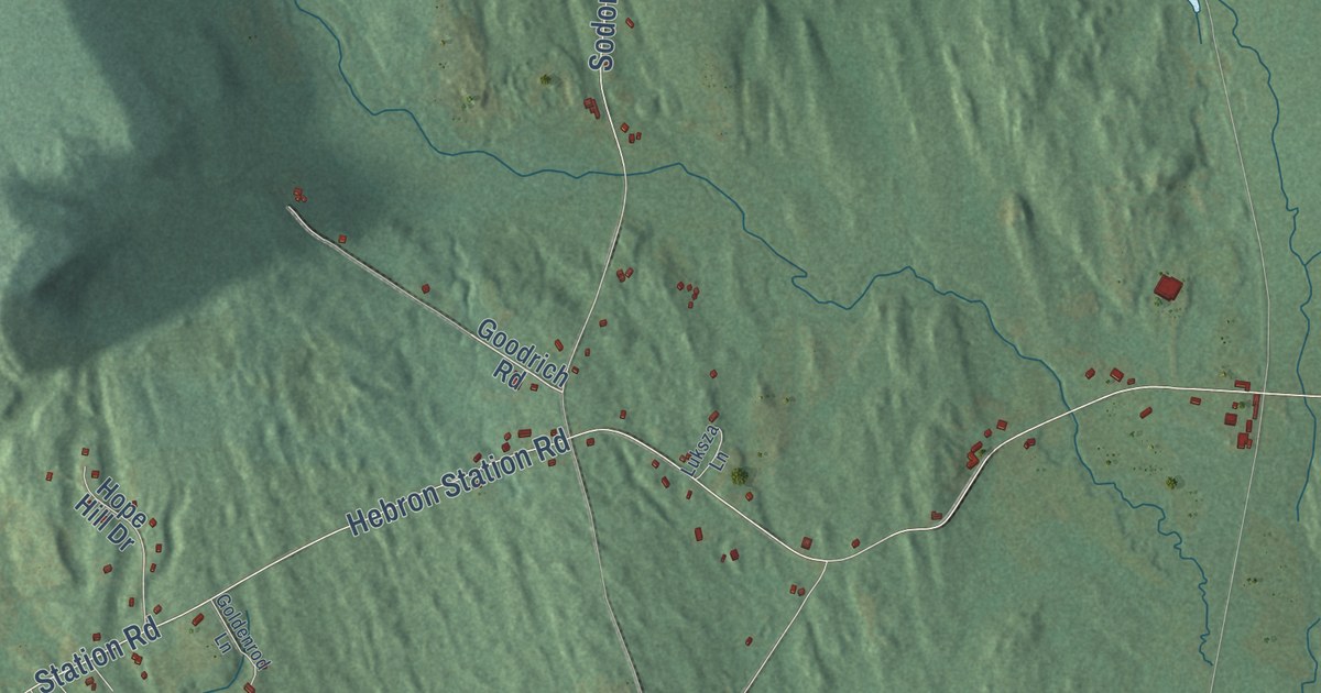 Close-up of streets and buildings in Hebron, Maine