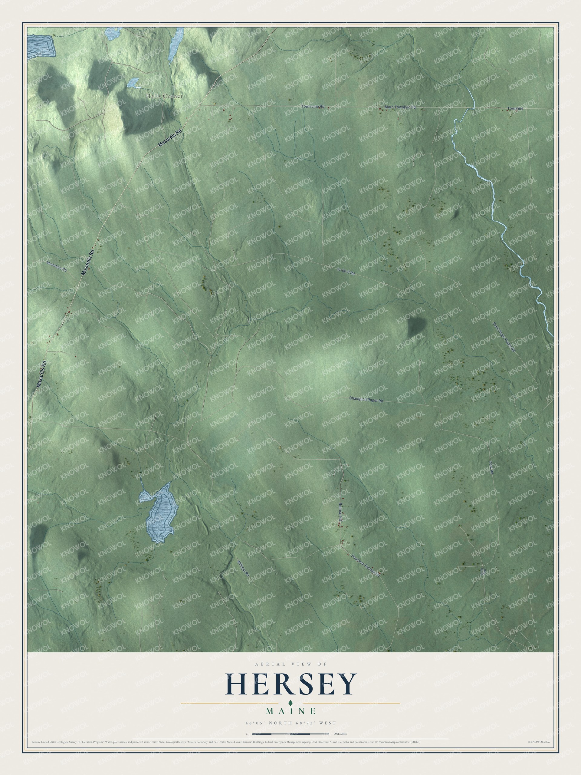 Hersey aerial map with named roads and local terrain