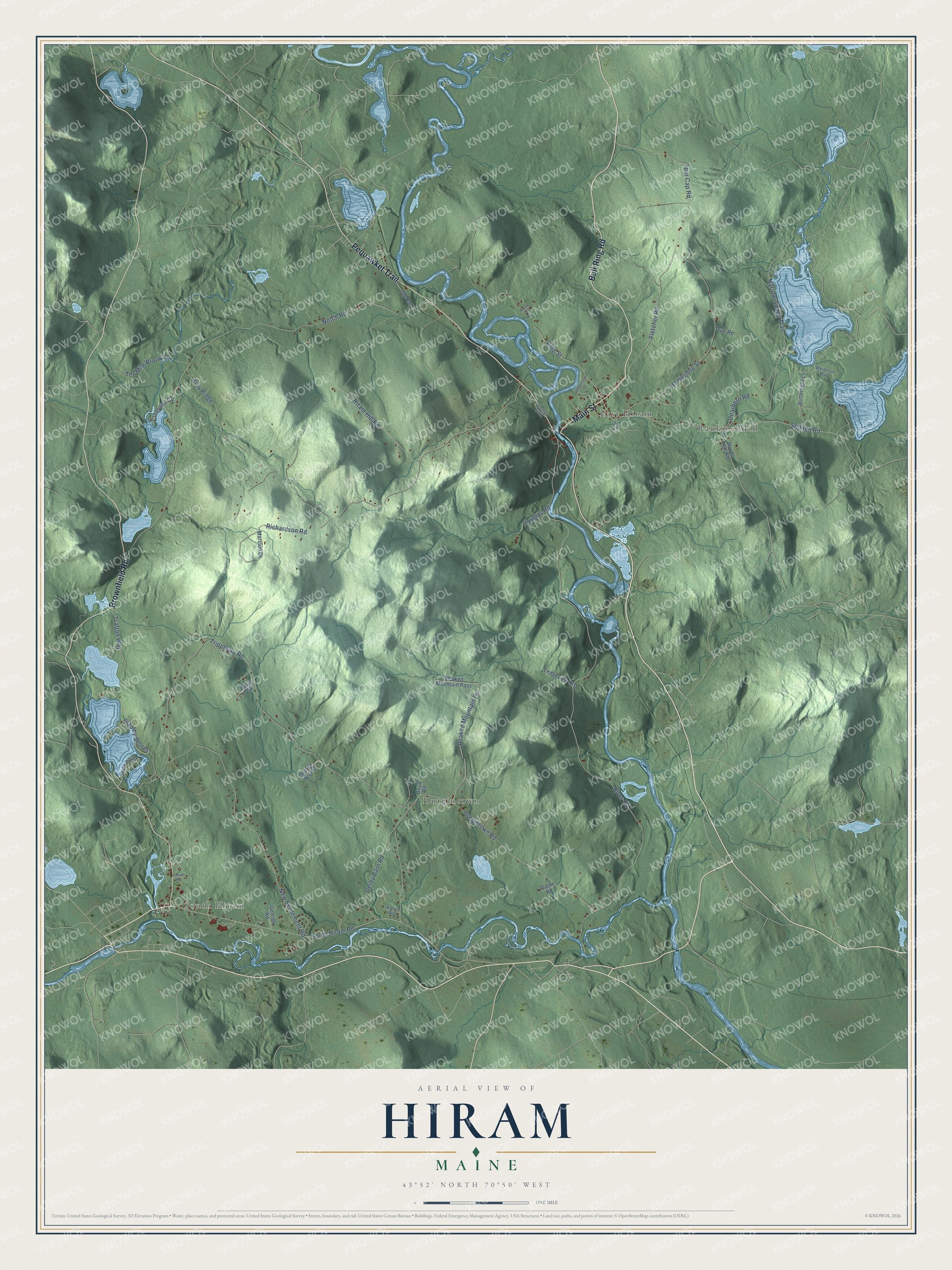 Hiram aerial map with named roads and local terrain