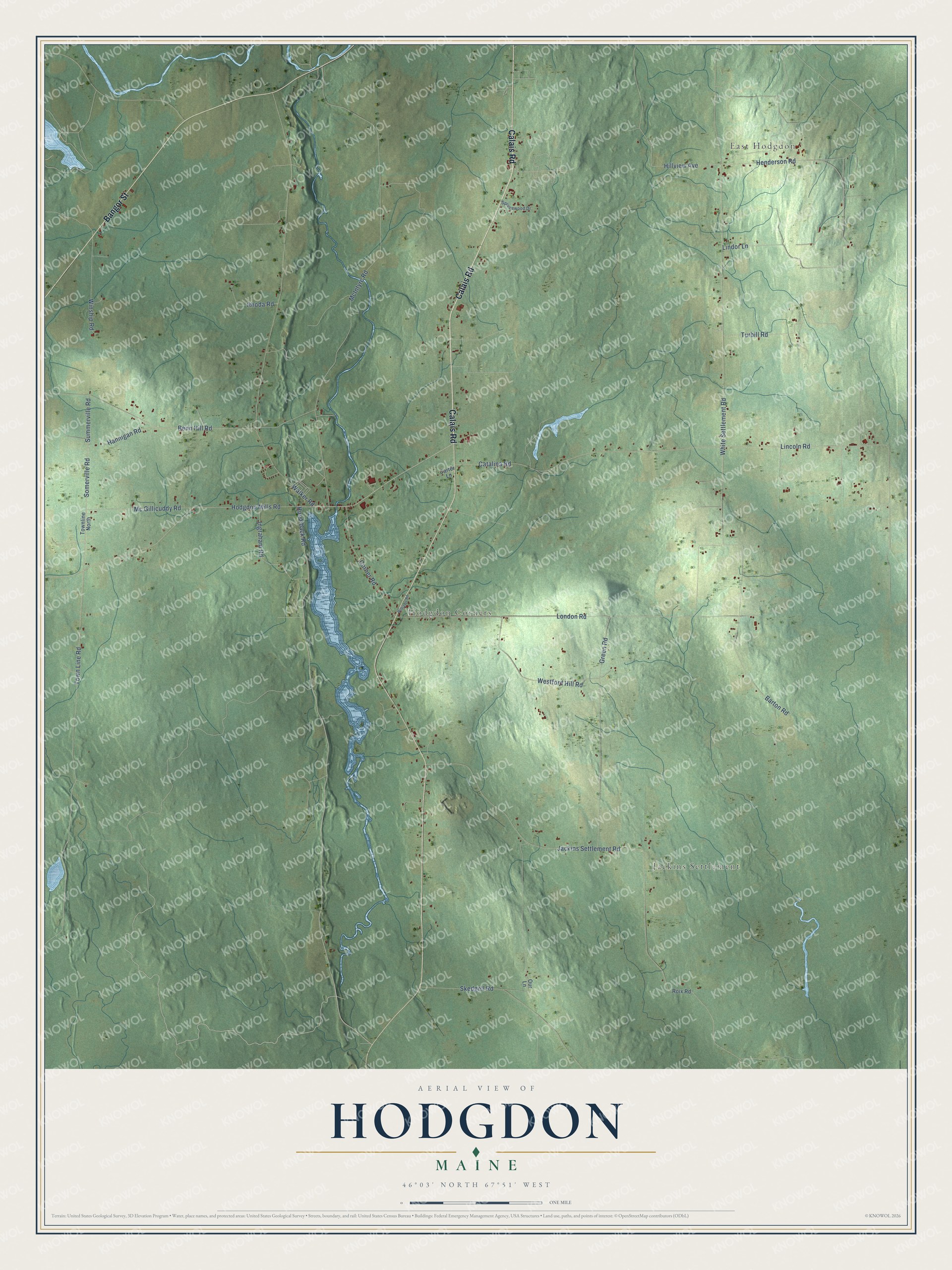 Hodgdon aerial map with named roads and local terrain