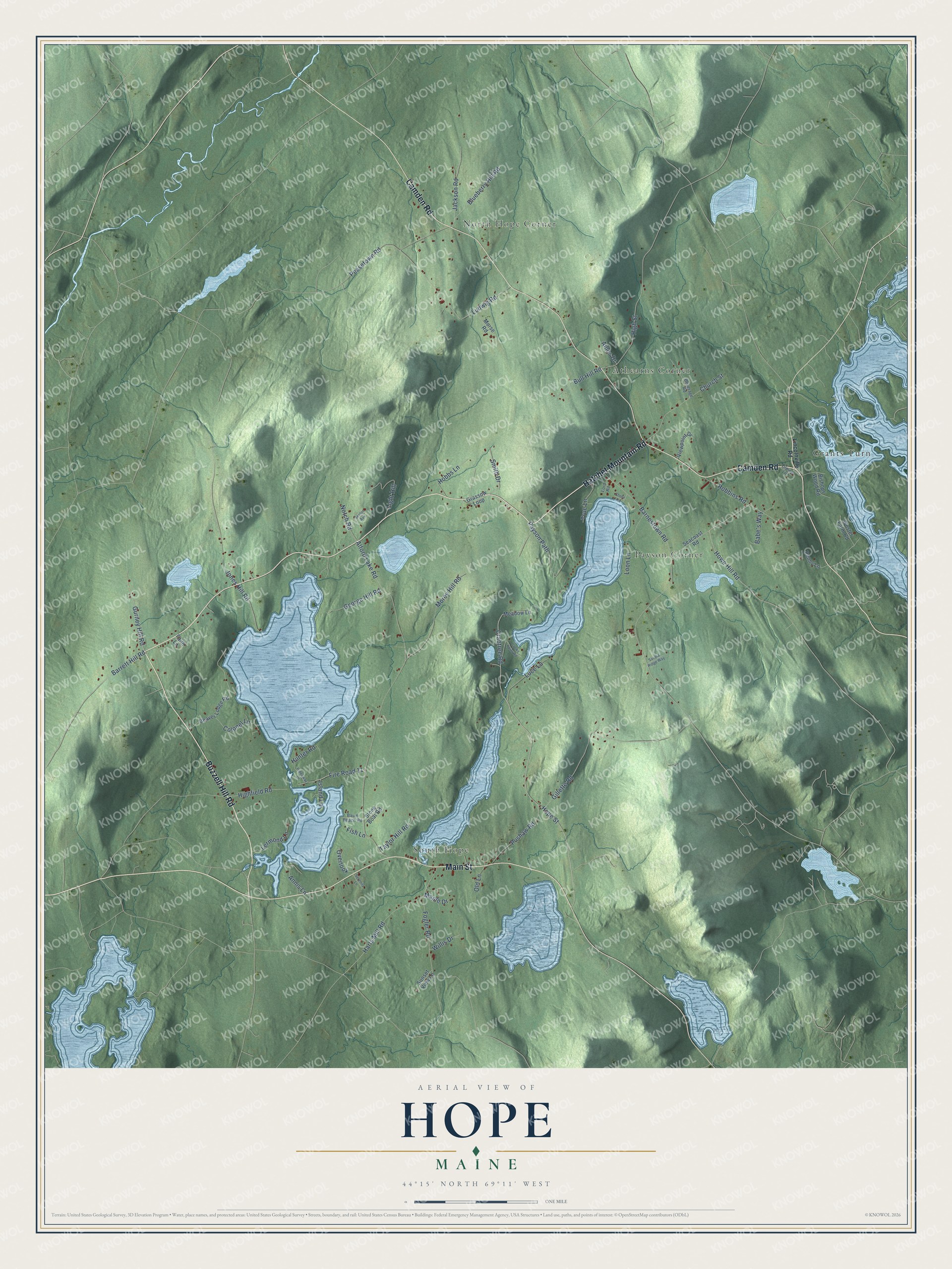 Hope aerial map with named roads and local terrain