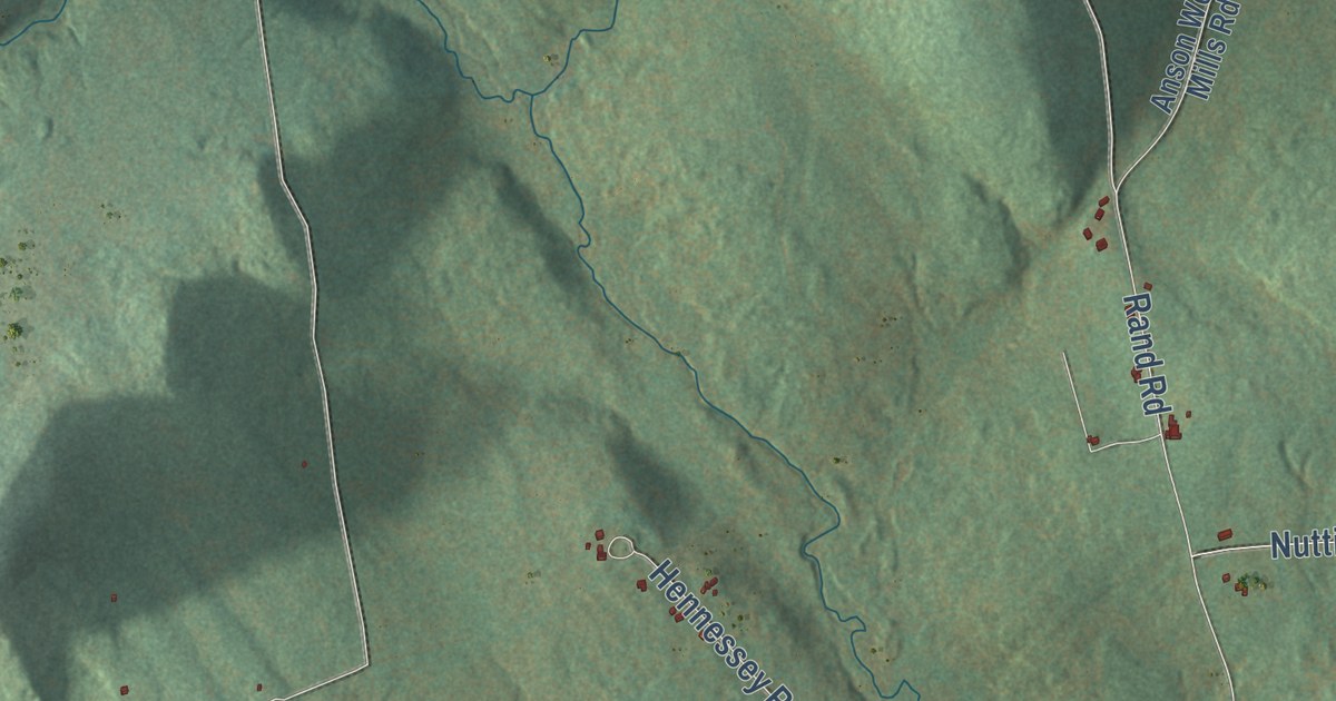 Close-up of streets and buildings in Industry, Maine