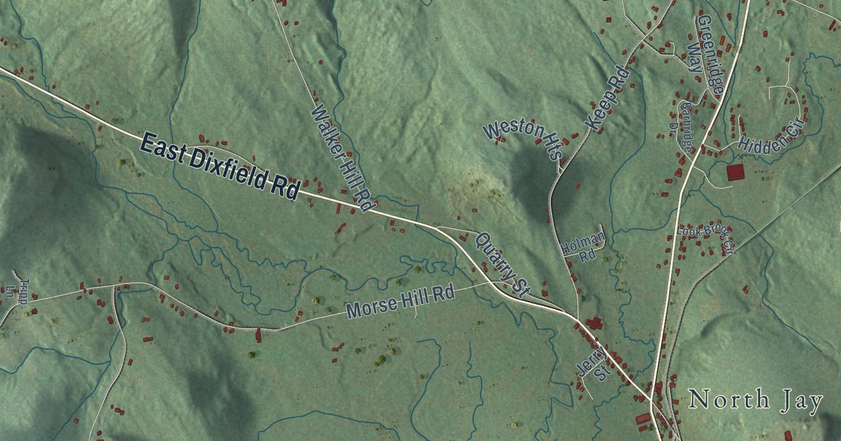 Close-up of streets and buildings in Jay, Maine