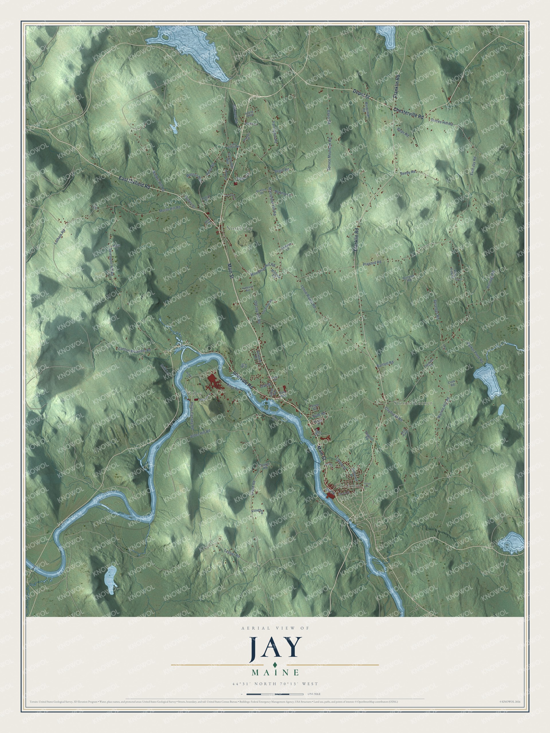 Aerial map of Jay, Maine, with streets, buildings, neighborhoods, ponds and waterways, and terrain