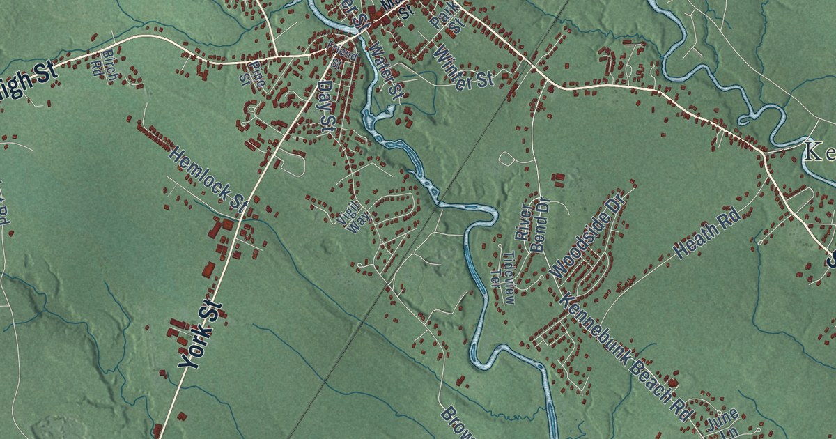 Close-up of streets and buildings in Kennebunk, Maine