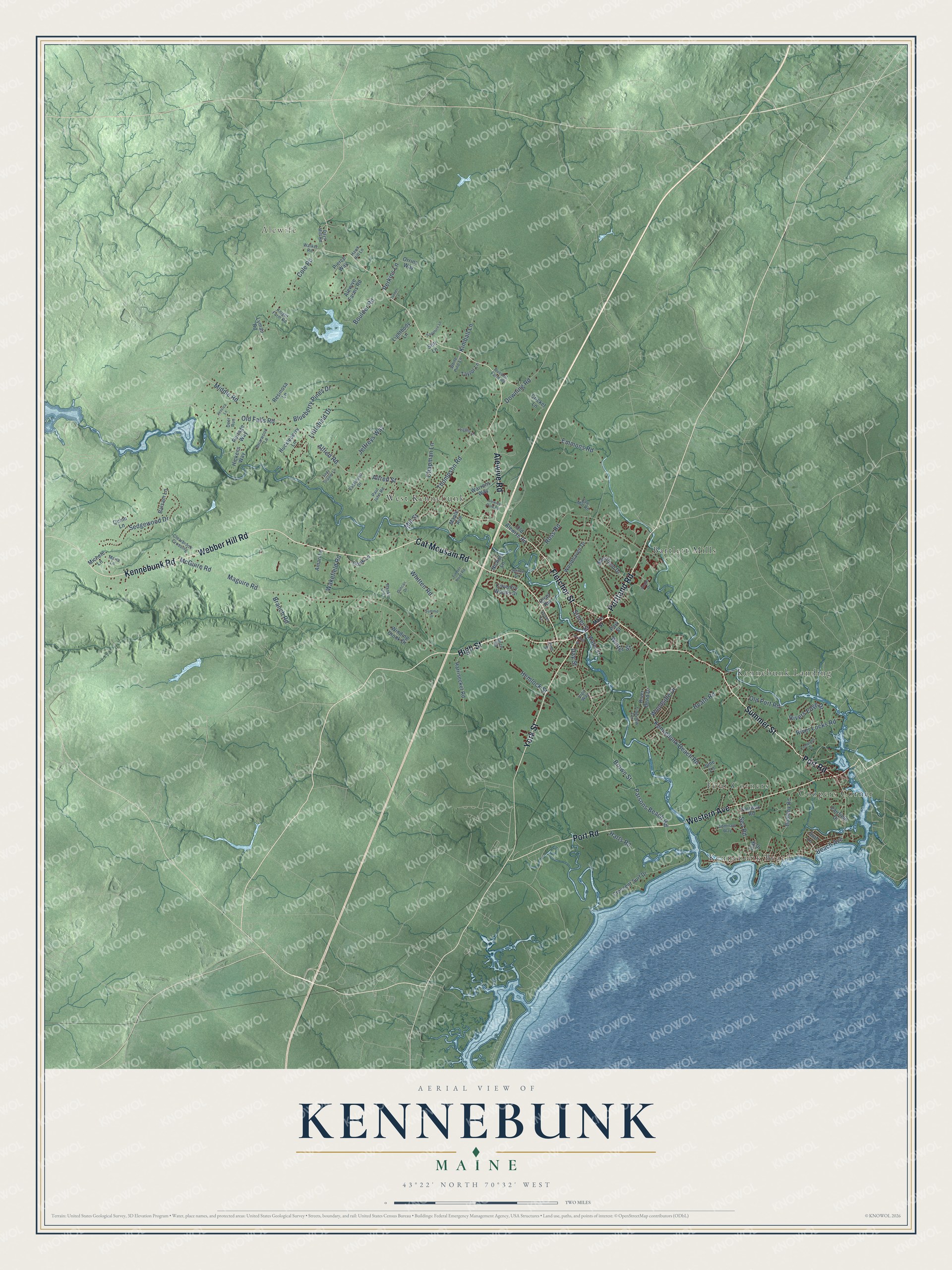 Aerial map of Kennebunk, Maine, with streets, buildings, neighborhoods, coastline, ponds and waterways, and terrain