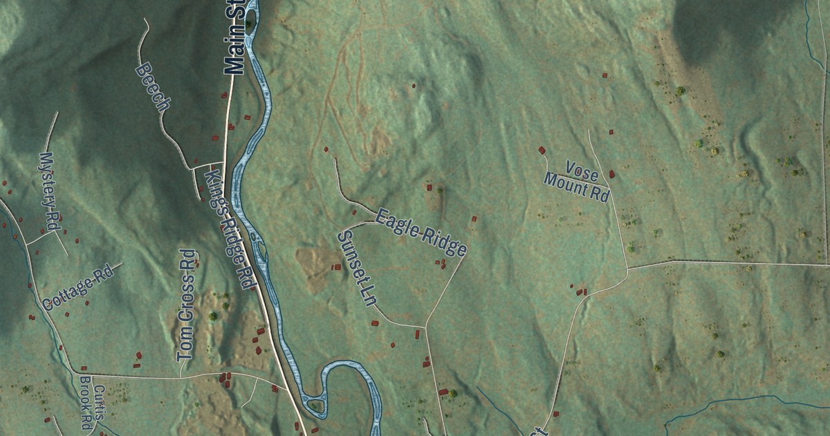Close-up of streets and buildings in Kingfield, Maine