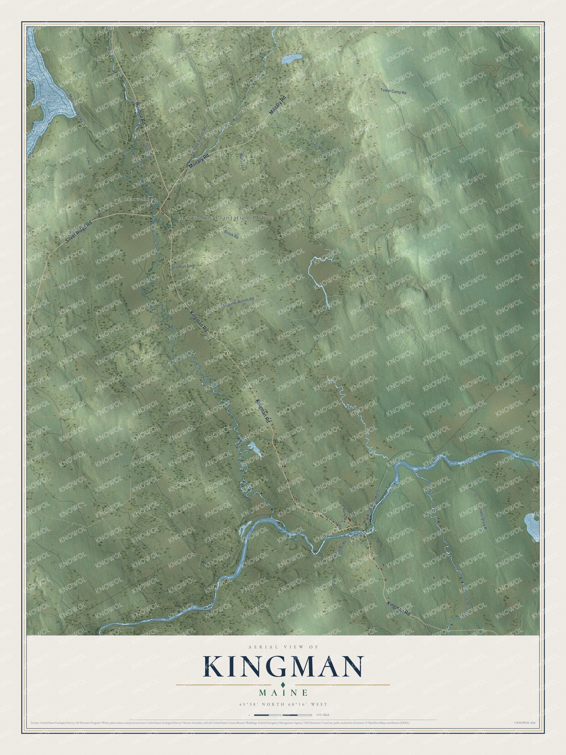 Full map of Kingman, Maine, with red buildings, printed street names and the land around them