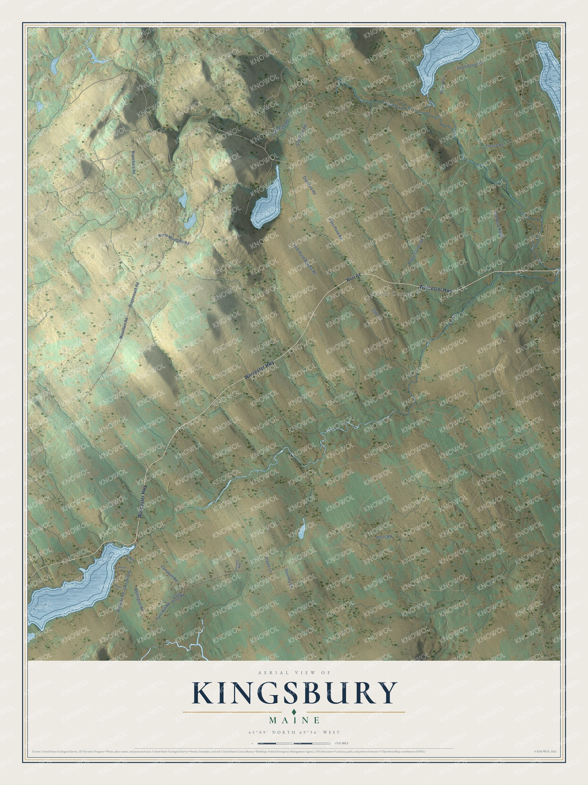 Aerial map of Kingsbury, Maine, with streets, buildings, ponds and waterways, and terrain