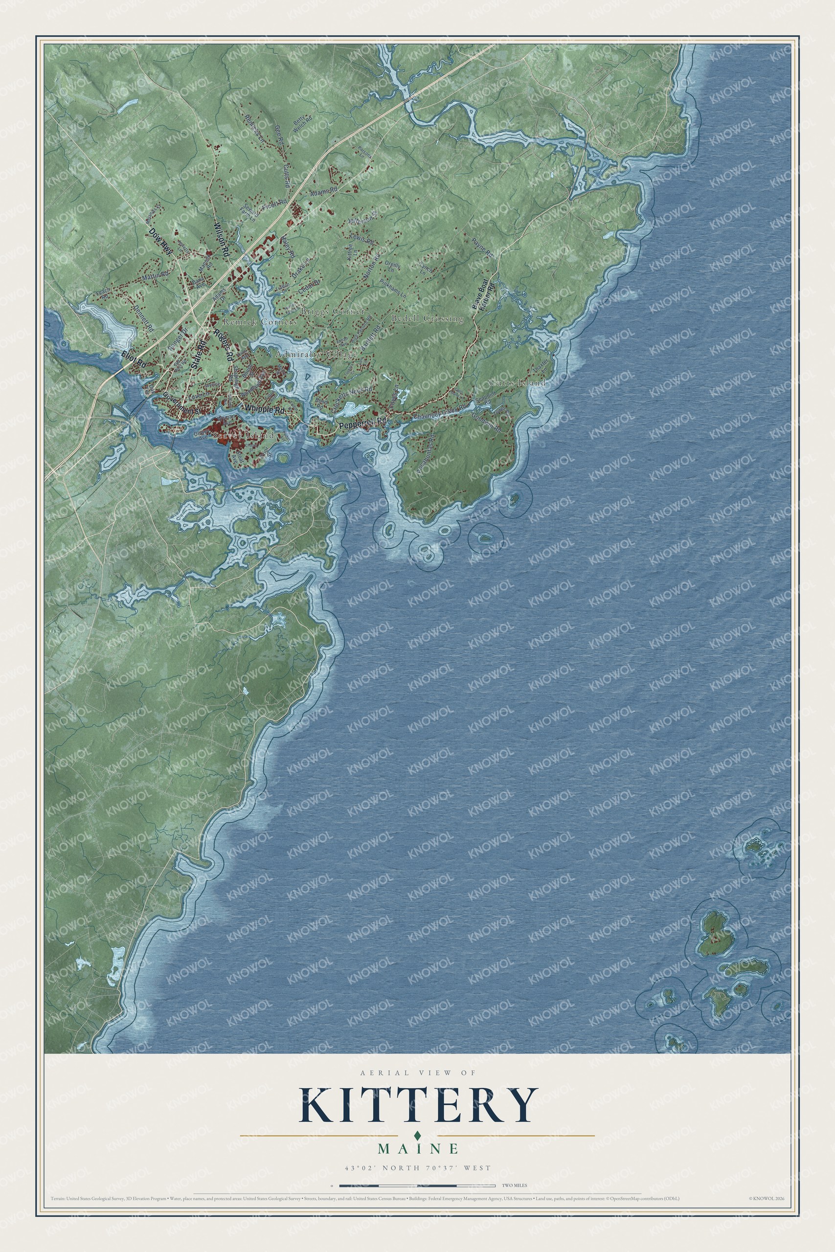 Aerial map of Kittery, Maine, with streets, buildings, neighborhoods, coastline, ponds and waterways, and terrain