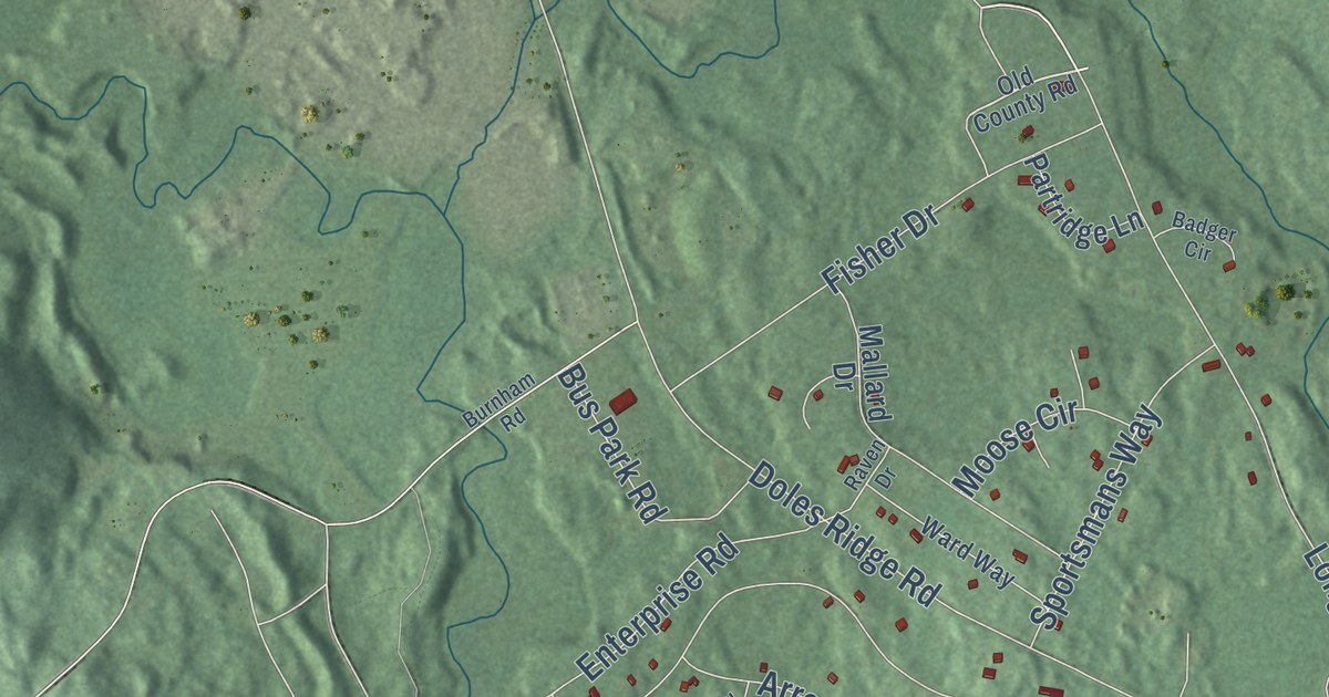 Close-up of streets and buildings in Lake Arrowhead, Maine