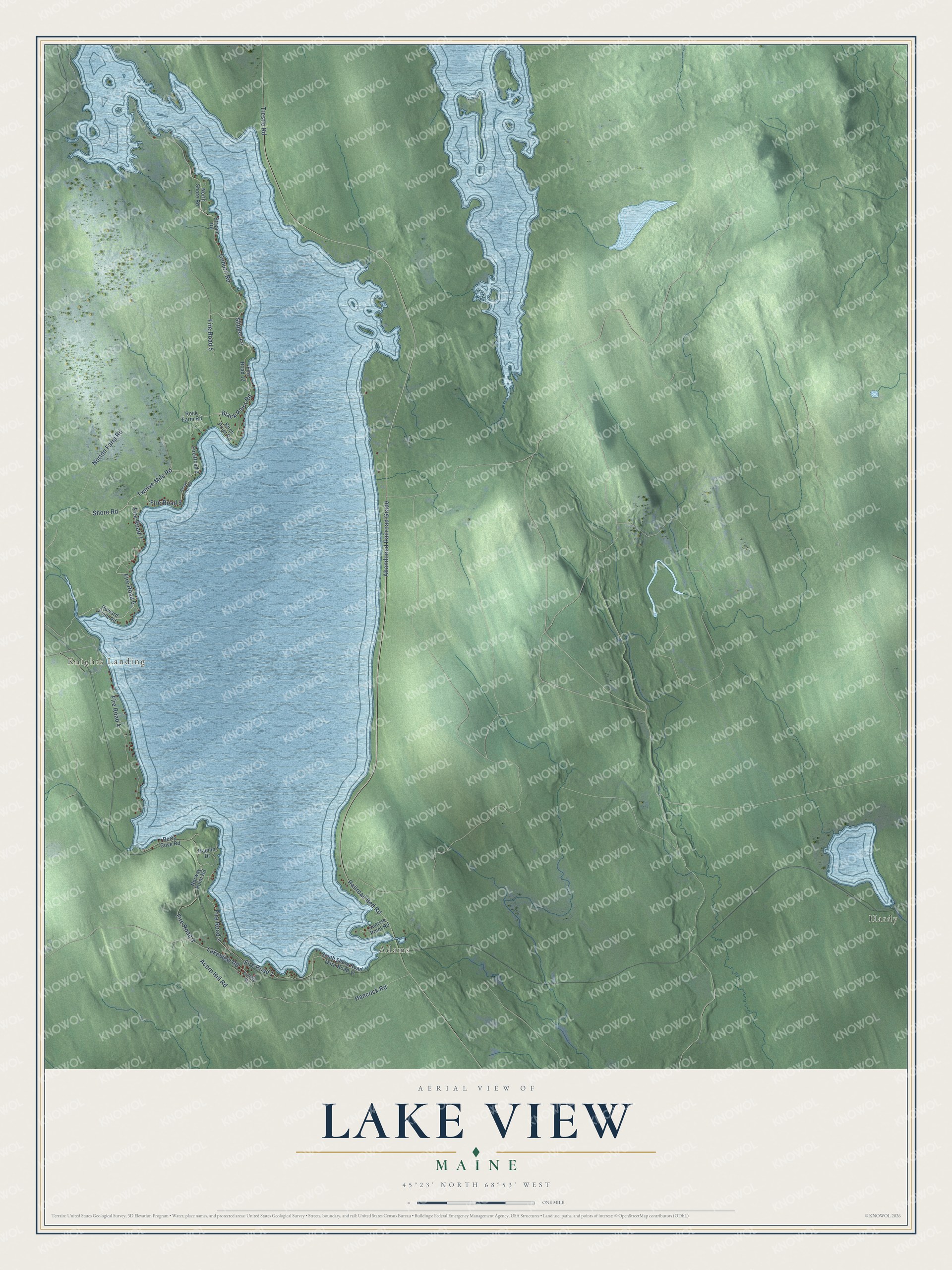 Aerial map of Lake View, Maine, showing streets, buildings, neighborhoods, ponds and waterways, and terrain