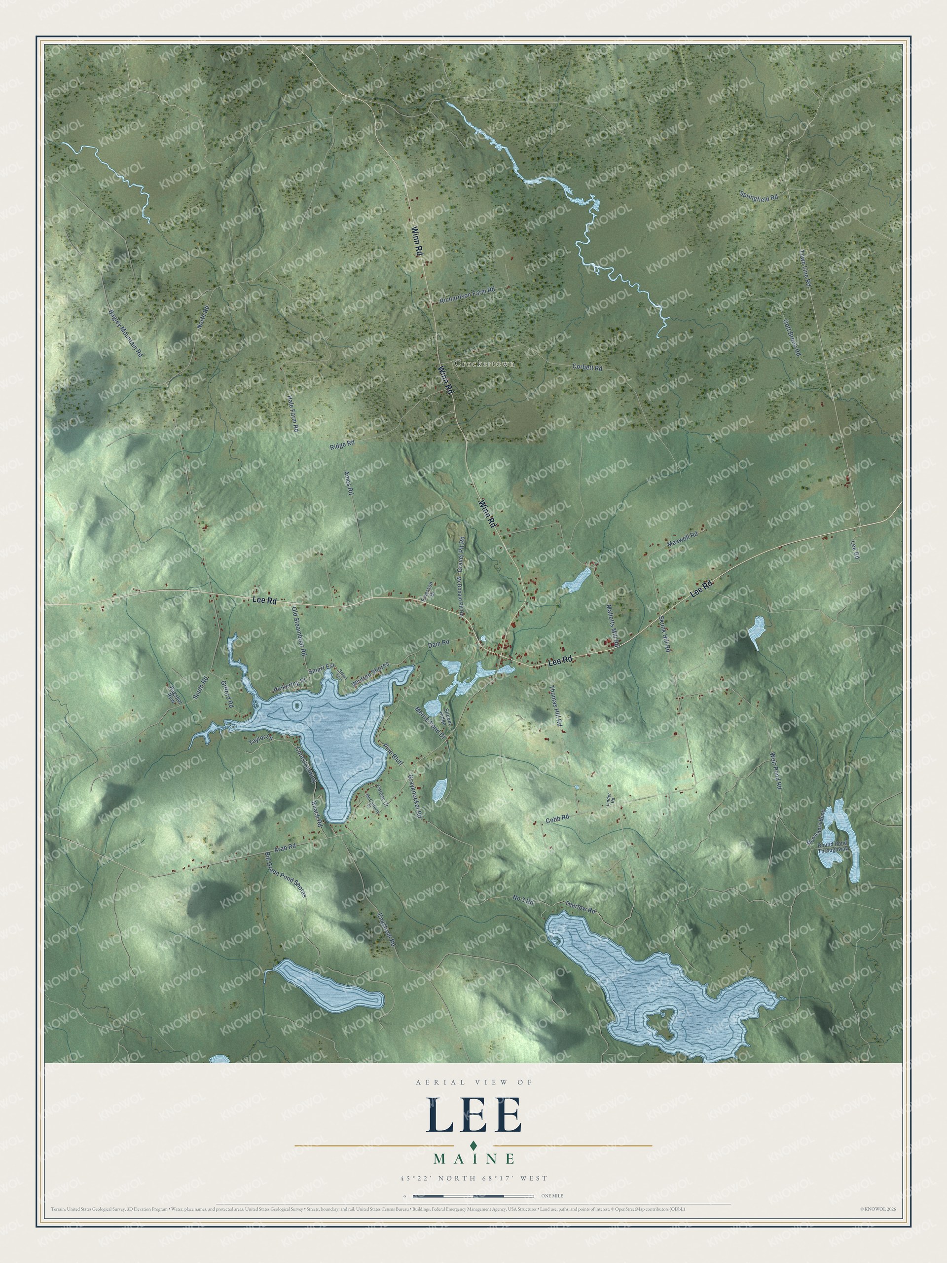 Aerial map of Lee, Maine, showing roads, buildings, ponds and waterways, and terrain