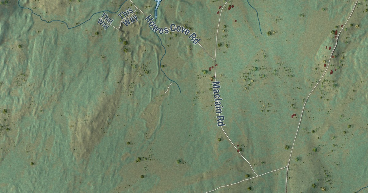 Close-up of streets and buildings in Liberty, Maine