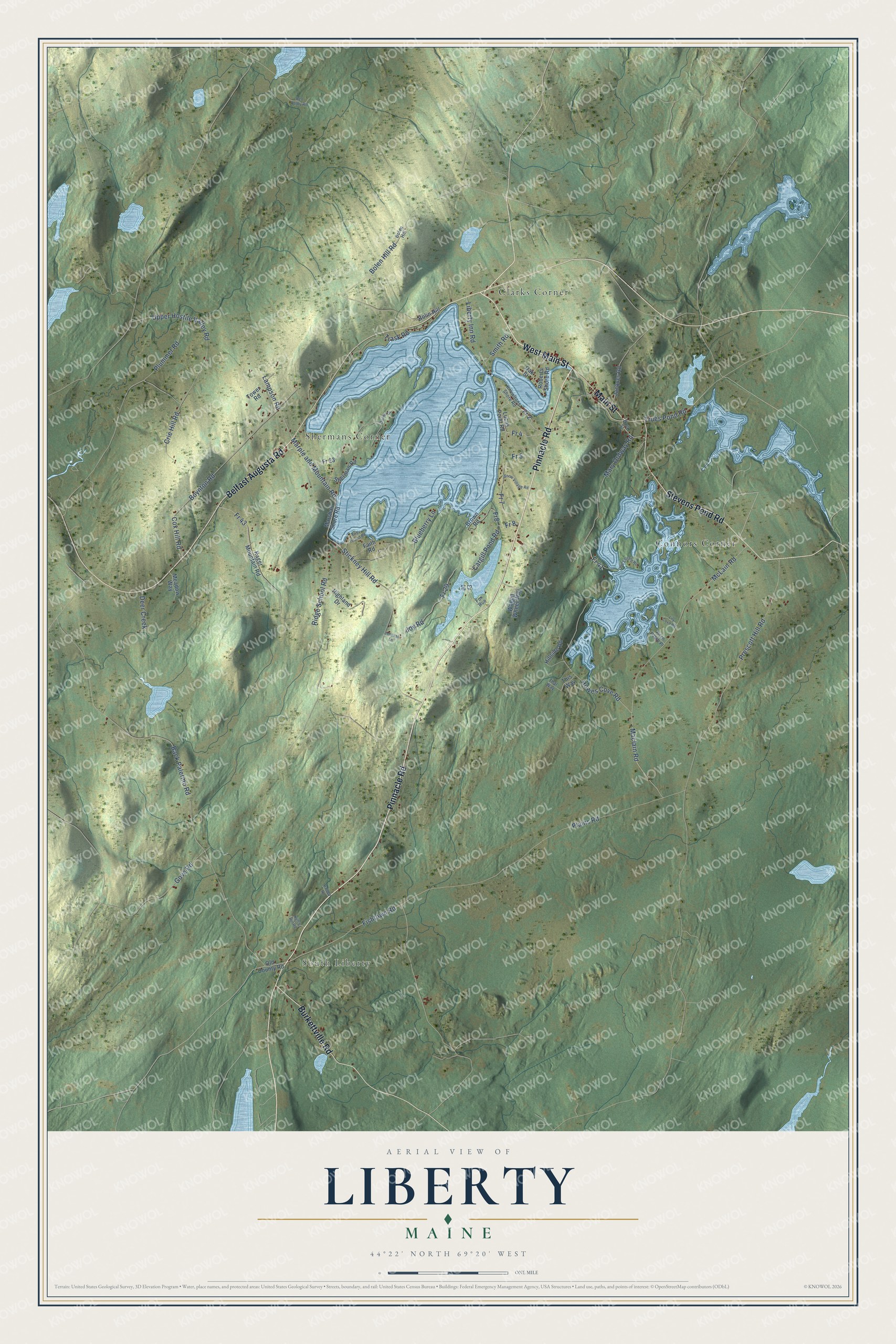 Aerial map of Liberty, Maine, showing streets, buildings, neighborhoods, ponds and waterways, and terrain