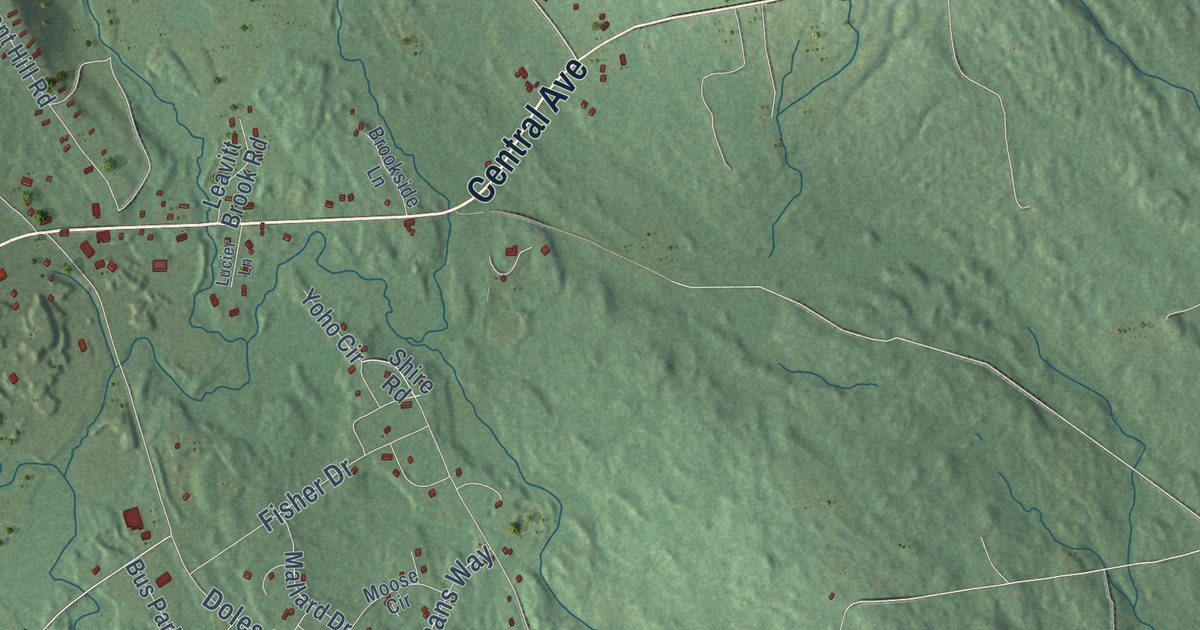 Close-up of streets and buildings in Limerick, Maine