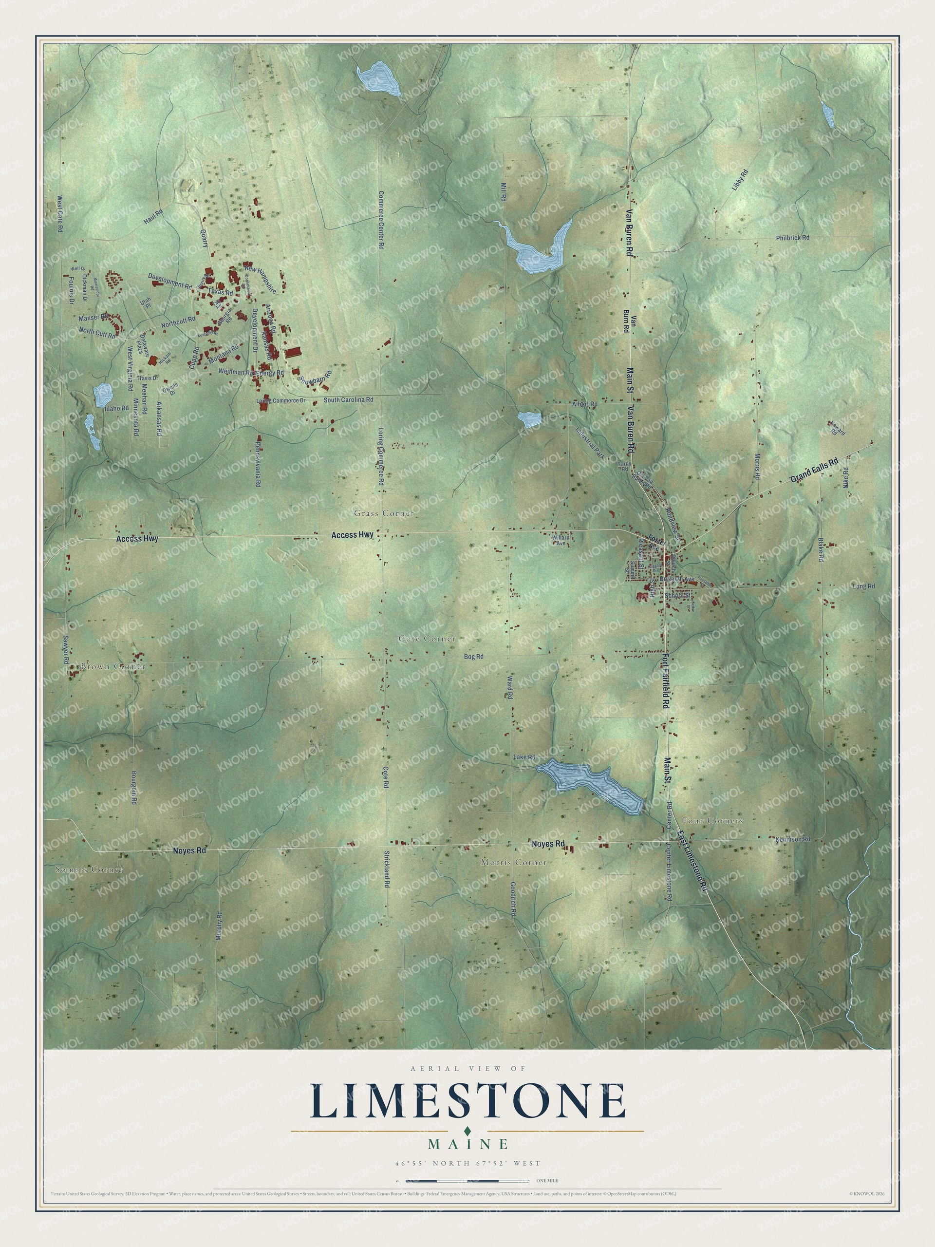 Aerial map of Limestone, Maine, showing streets, buildings, neighborhoods, ponds and waterways, and terrain