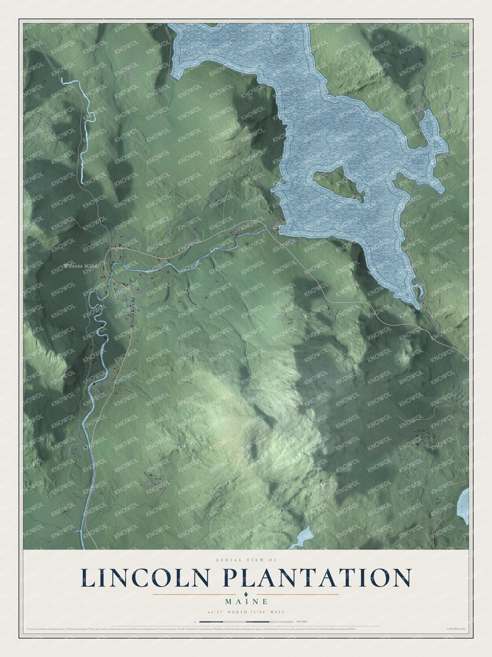 Aerial map of Lincoln Plantation, Maine, showing streets, buildings, ponds and waterways, and terrain