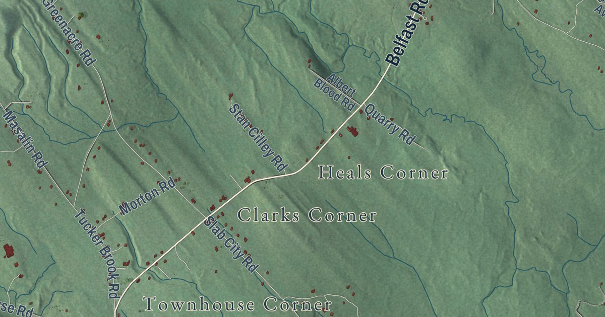 Close-up of streets and buildings in Lincolnville, Maine
