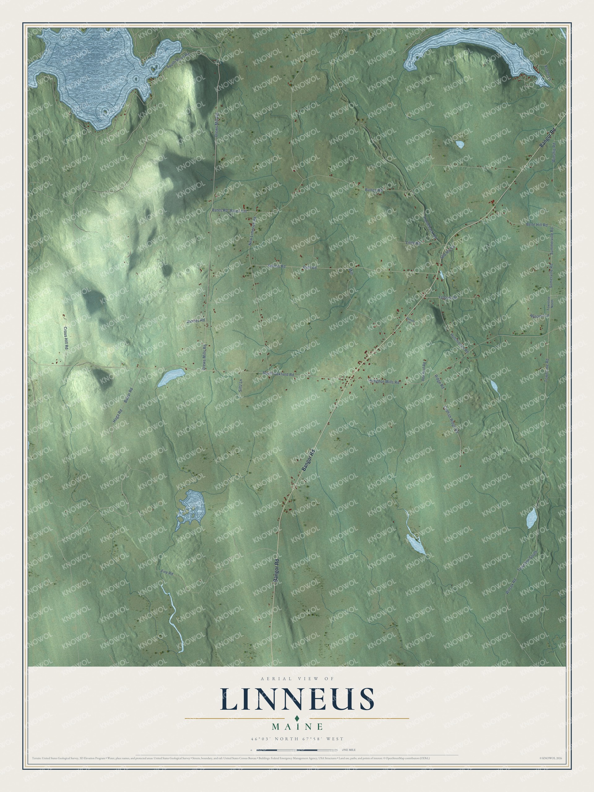 Aerial map of Linneus, Maine, showing roads, buildings, ponds and waterways, and terrain