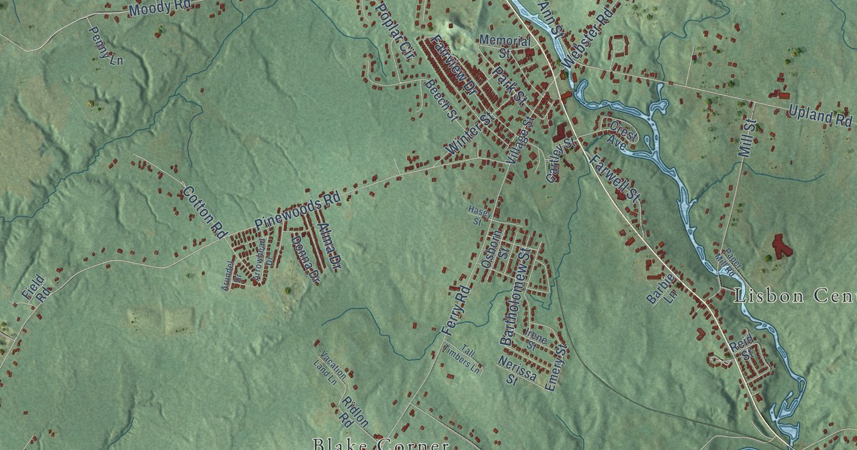 Close-up of streets and buildings in Lisbon, Maine