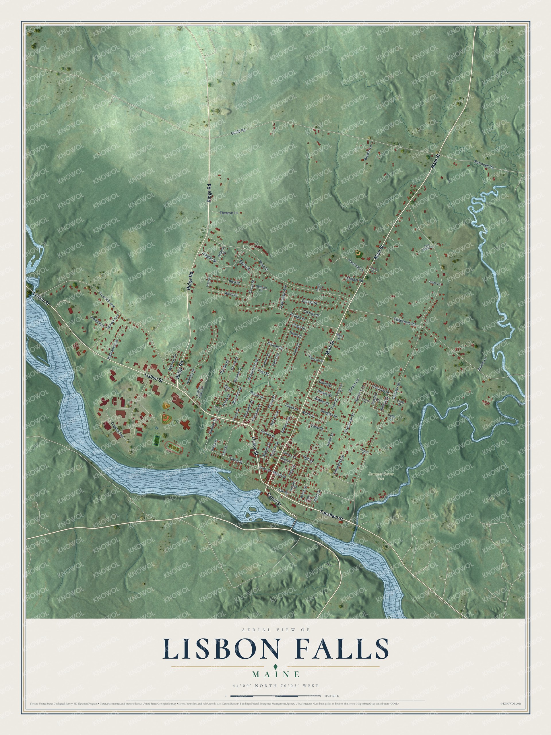 Aerial map of Lisbon Falls, Maine, showing streets, buildings, ponds and waterways, and terrain