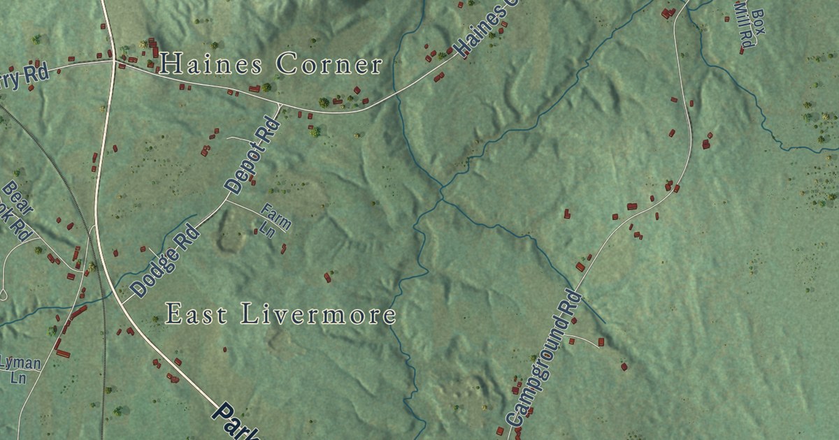 Close-up of streets and buildings in Livermore Falls, Maine