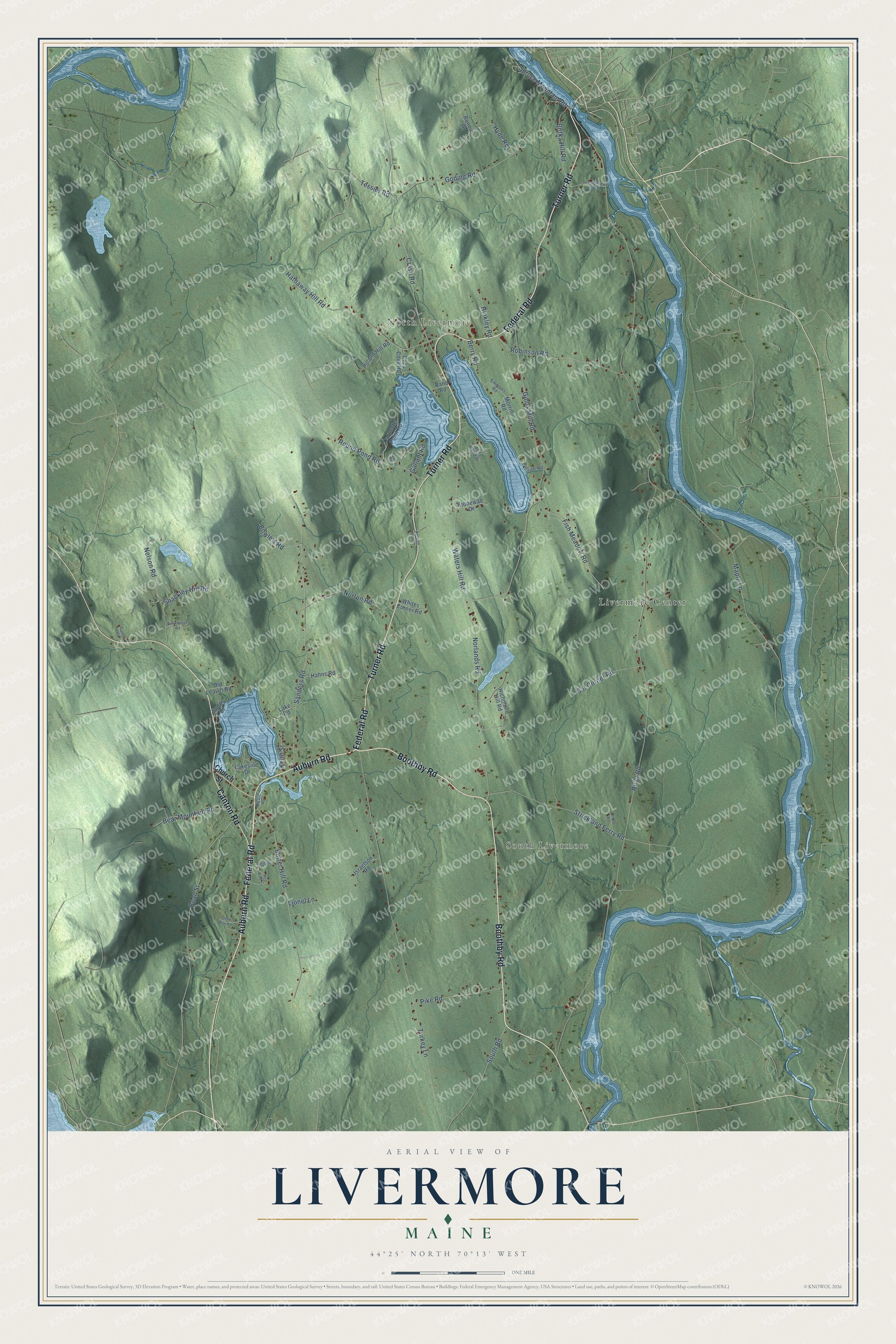 Aerial map of Livermore, Maine, showing streets, buildings, neighborhoods, ponds and waterways, and terrain