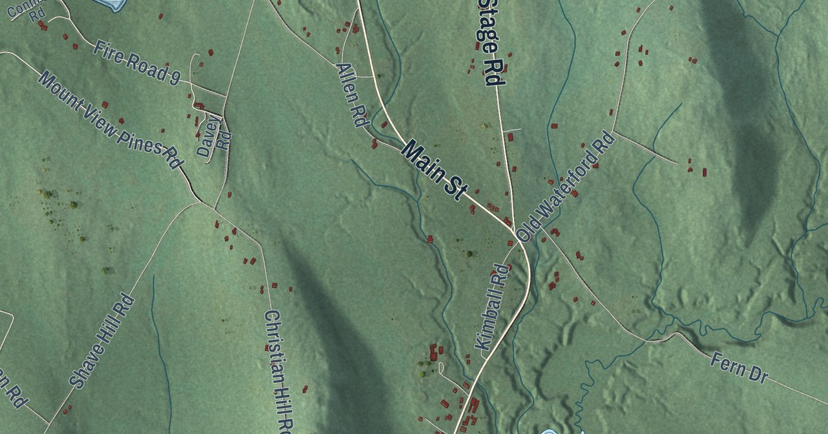 Close-up of streets and buildings in Lovell, Maine
