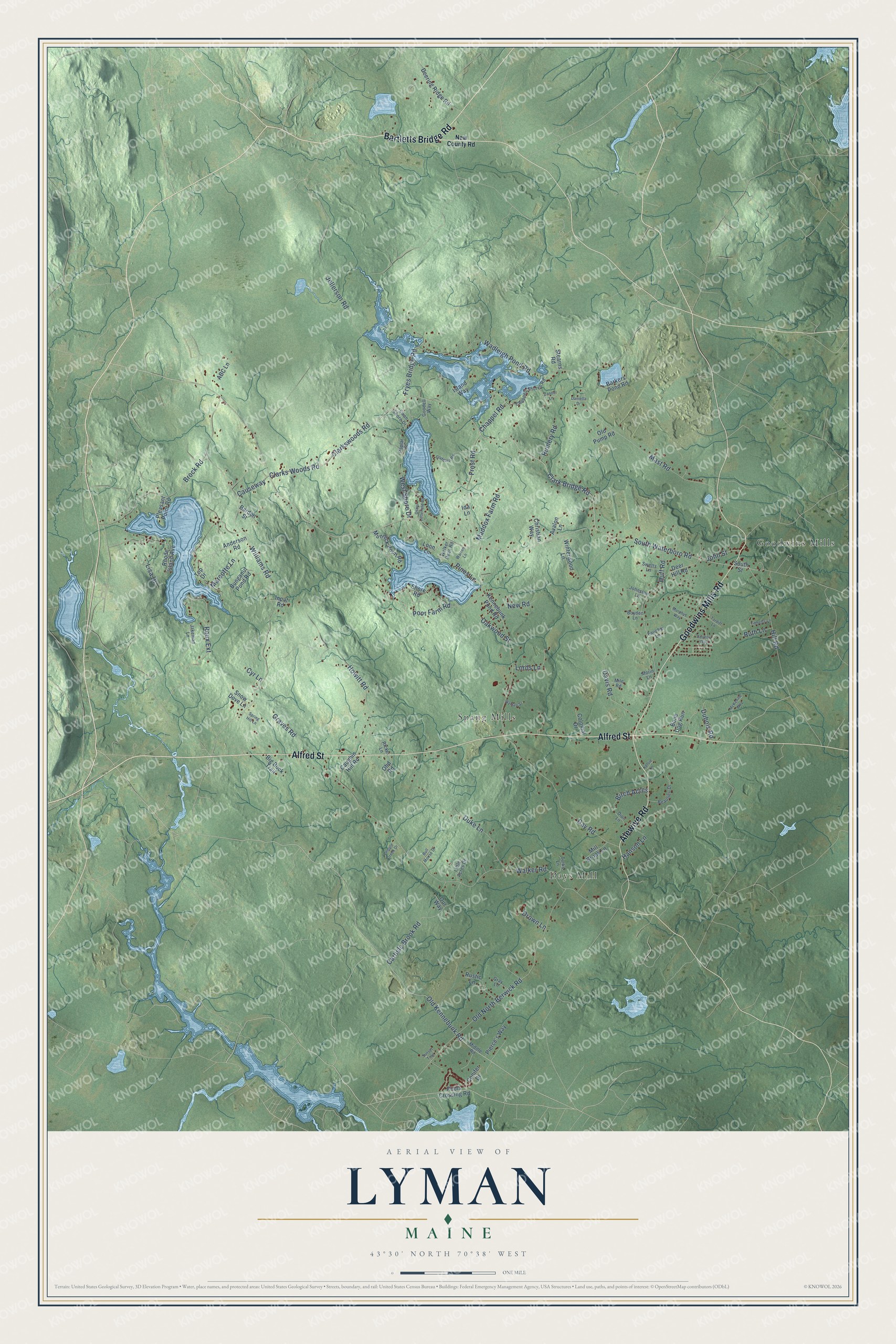 Aerial map of Lyman, Maine, showing streets, buildings, neighborhoods, ponds and waterways, and terrain