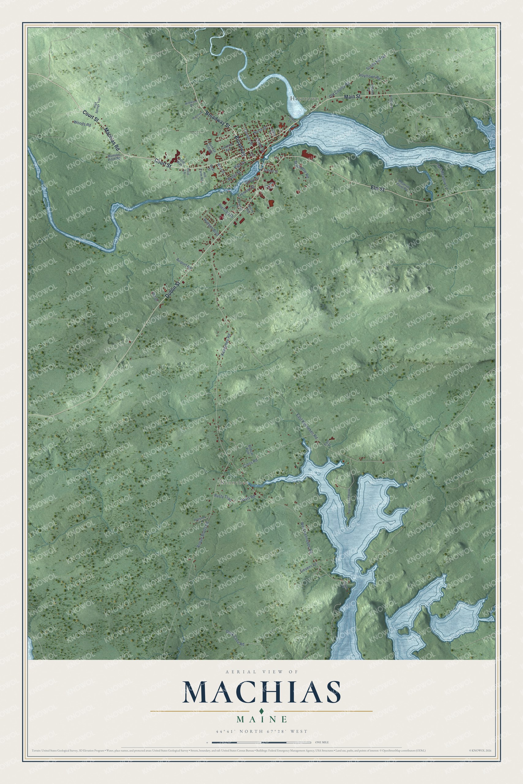 Aerial map of Machias, Maine, showing streets, buildings, neighborhoods, ponds and waterways, and terrain