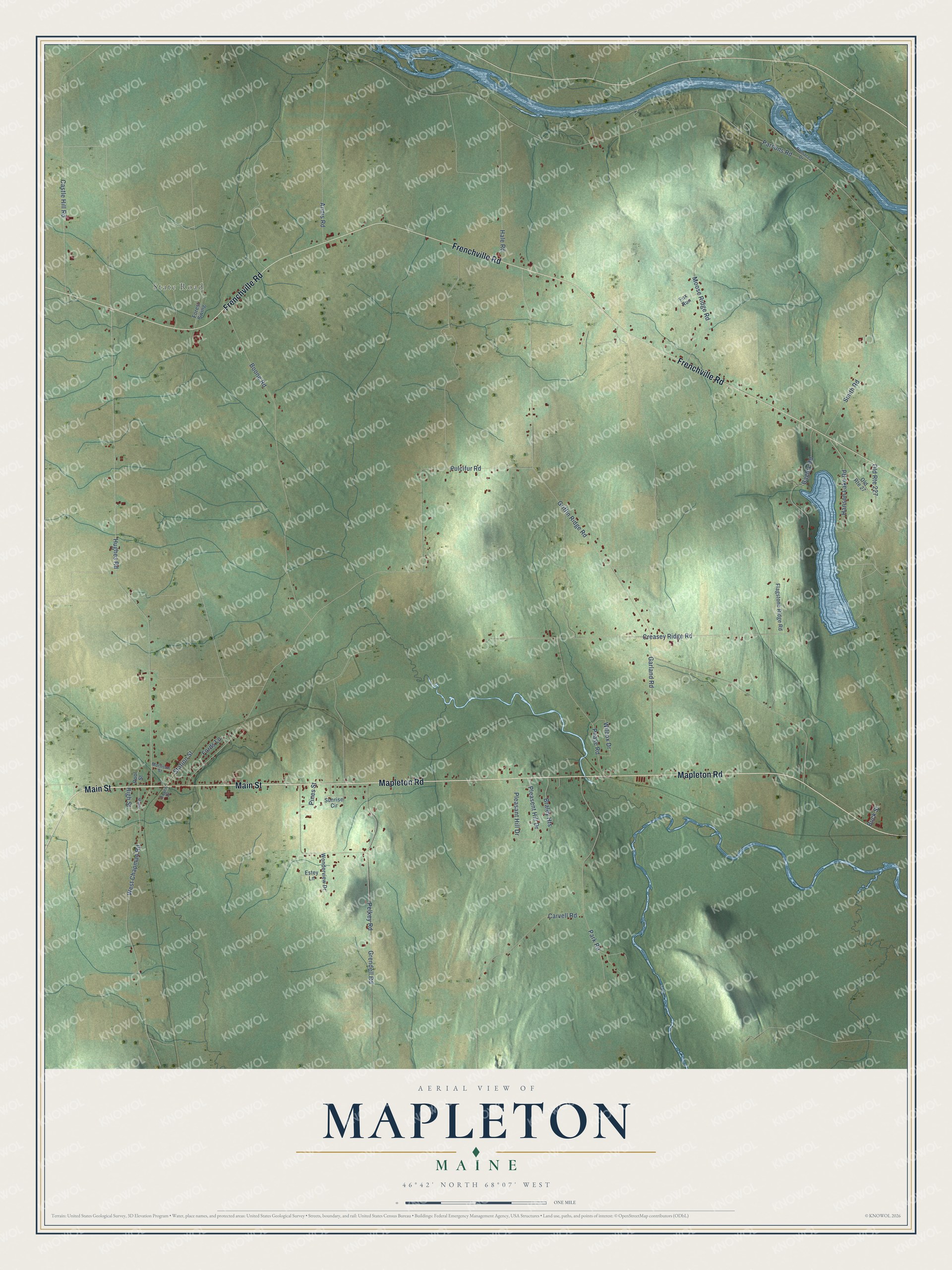 Aerial map of Mapleton, Maine, showing roads, buildings, ponds and waterways, and terrain
