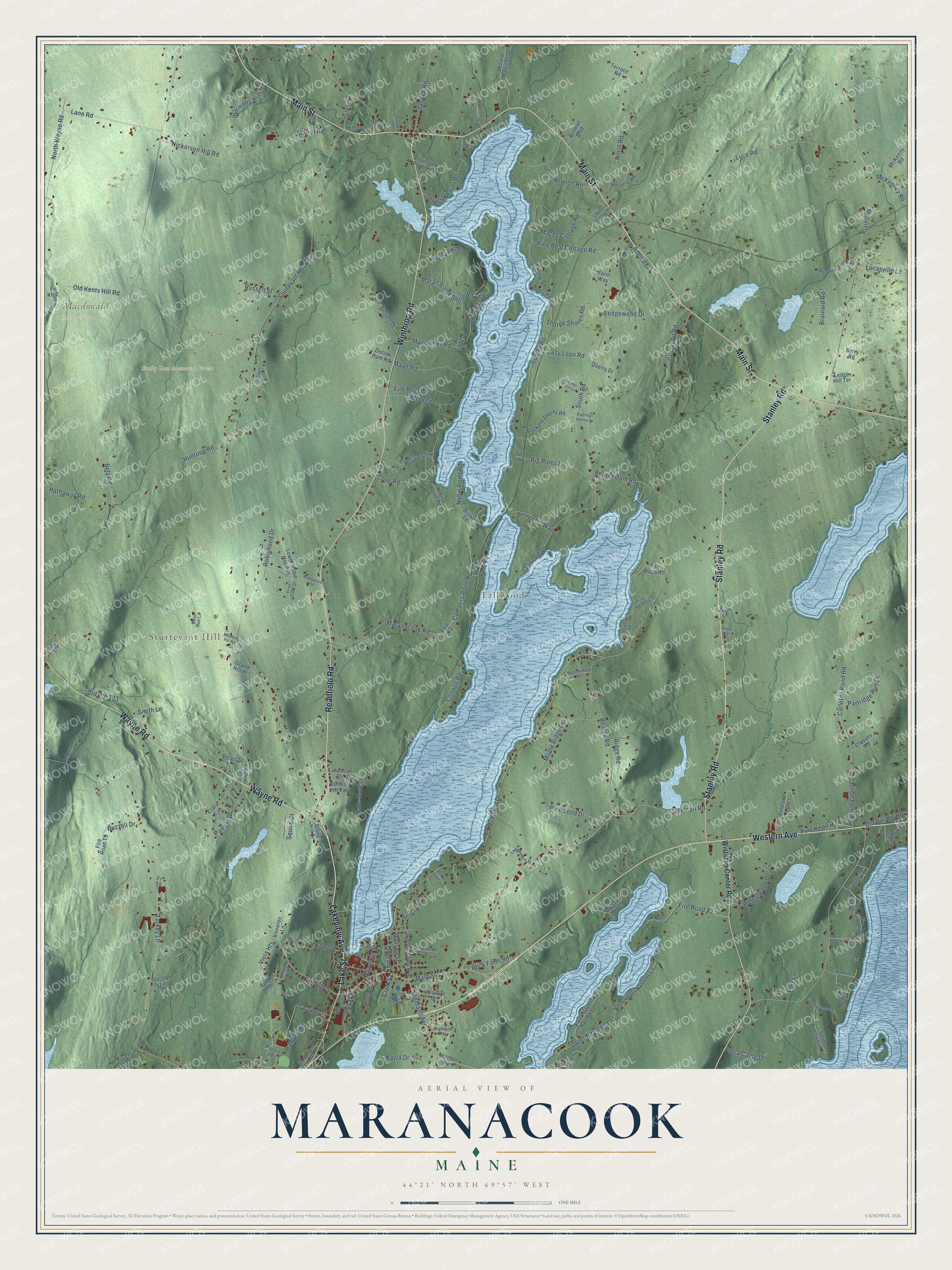 Full map of Maranacook, Maine, with red buildings, printed street names and the land around them
