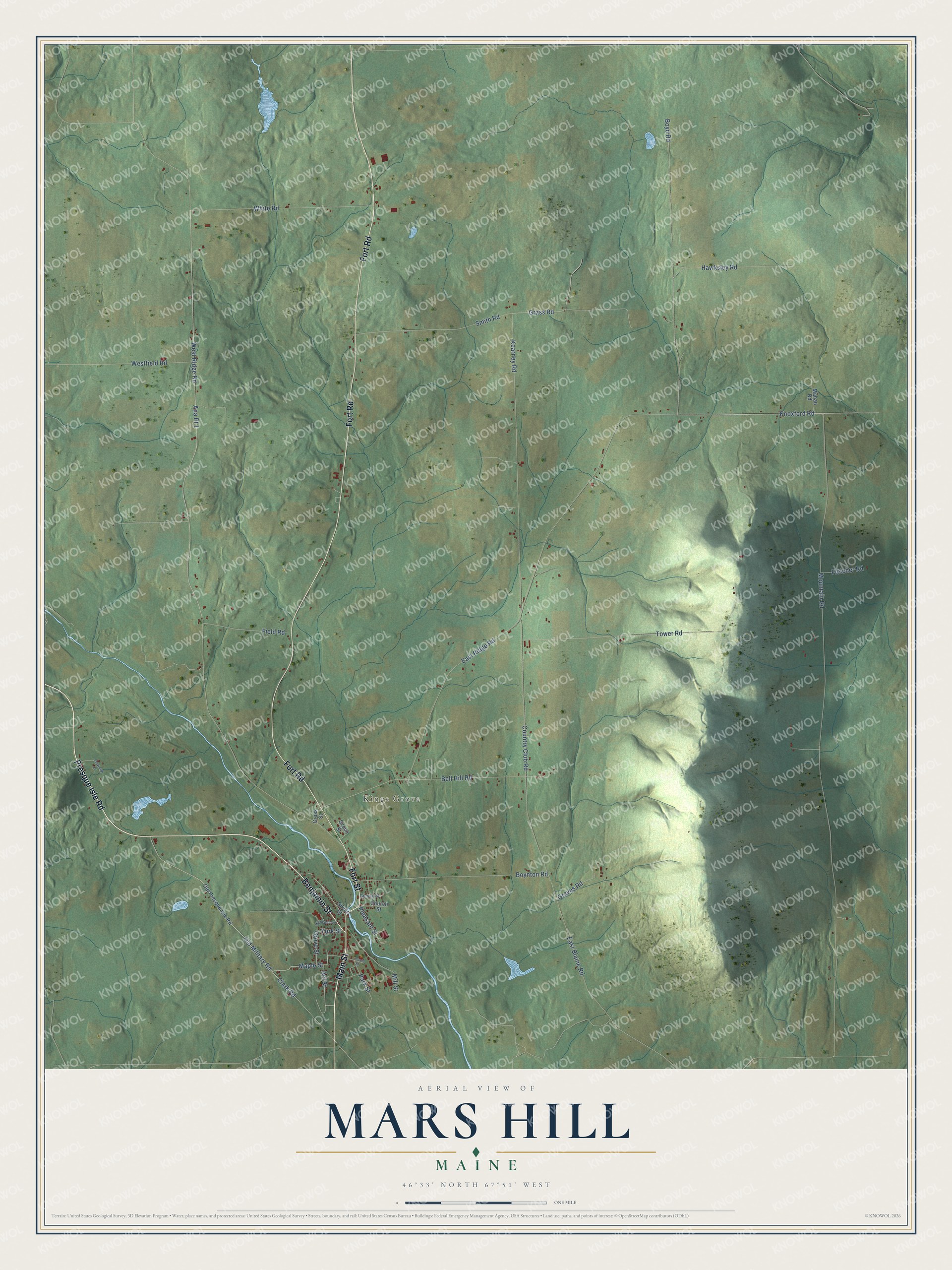 Aerial map of Mars Hill, Maine, showing roads, buildings, ponds and waterways, and terrain