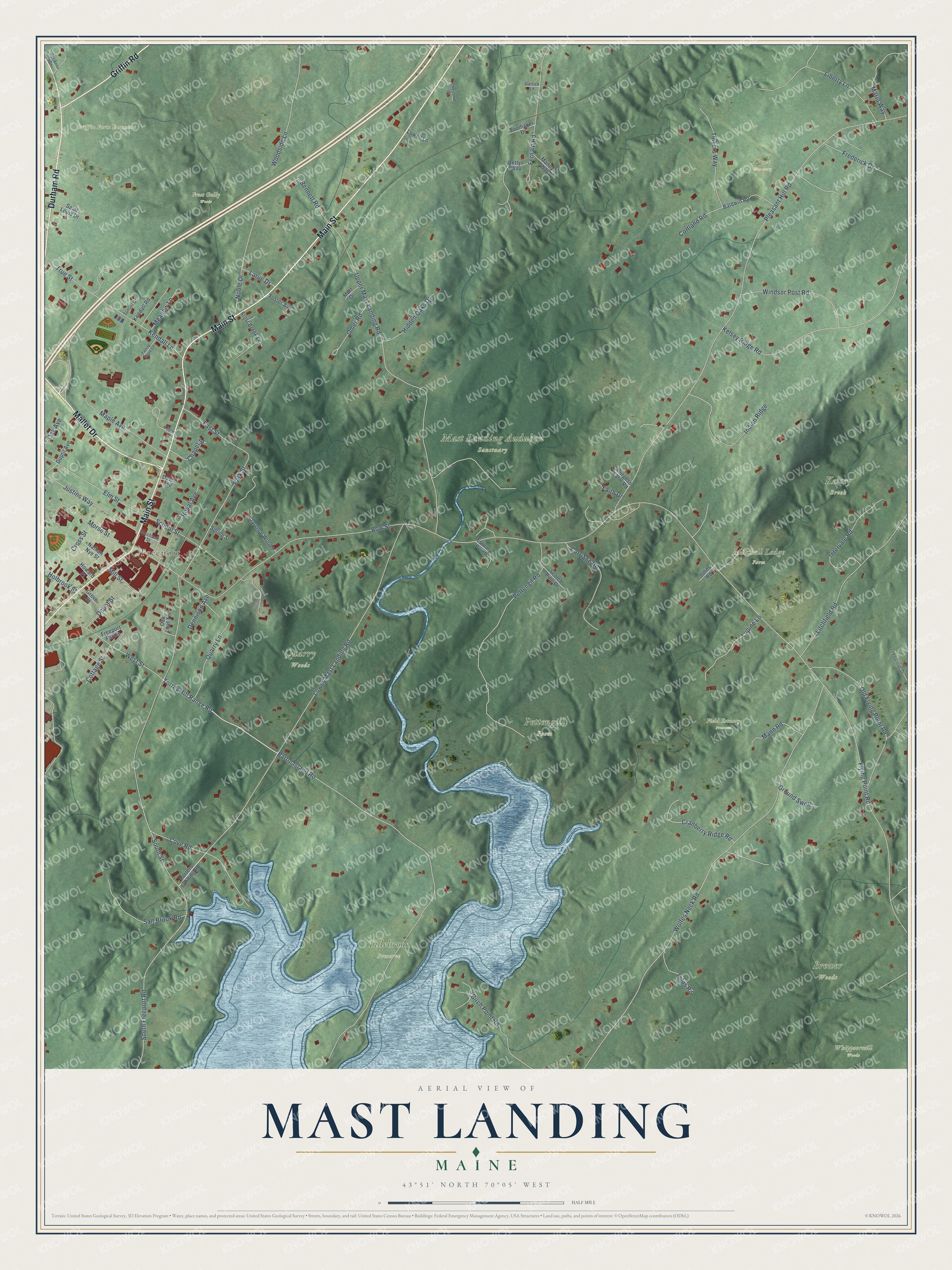 Full map of Mast Landing, Maine, with red buildings, printed street names and the land around them
