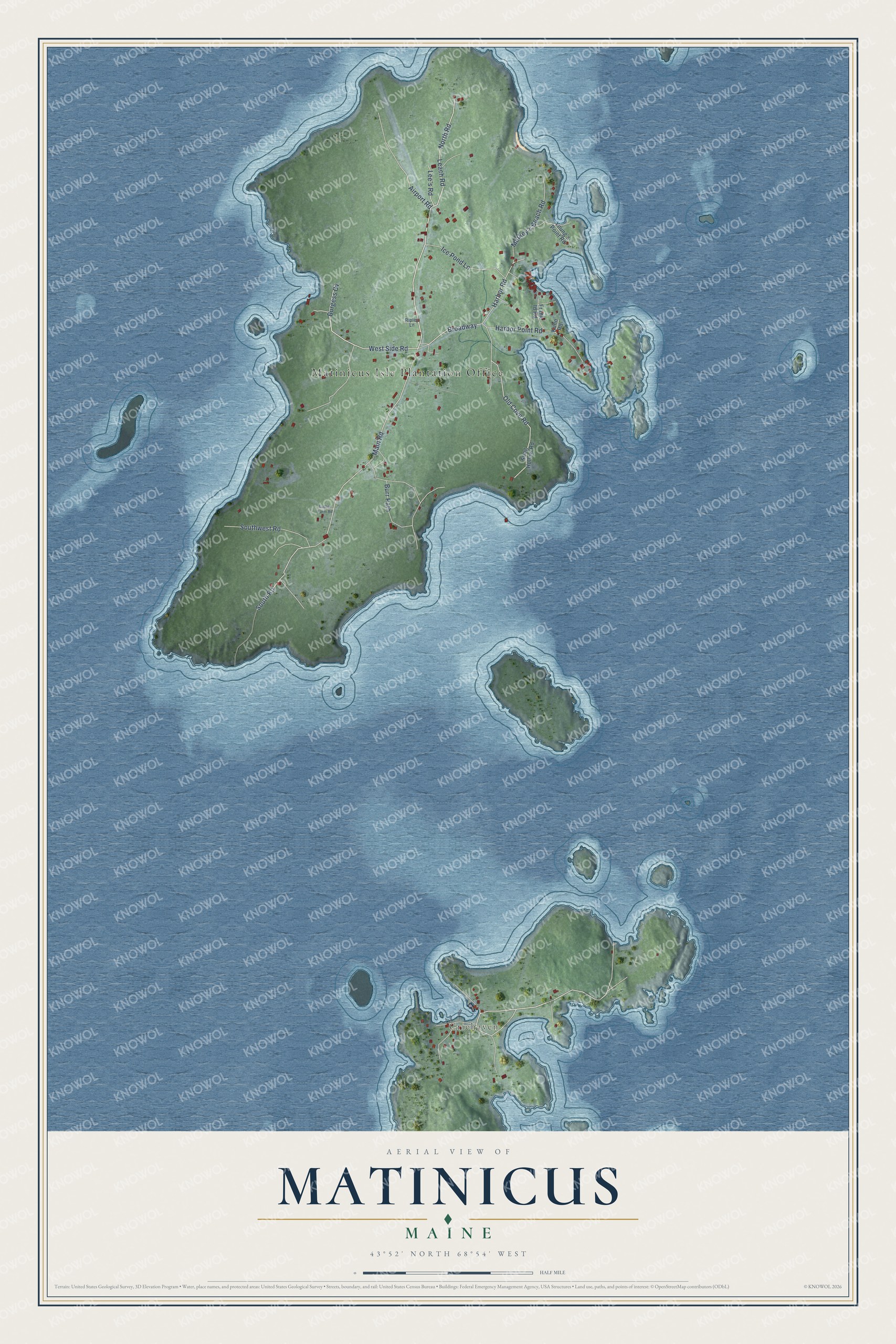 Full map of Matinicus, Maine, with red buildings, printed street names and the land around them
