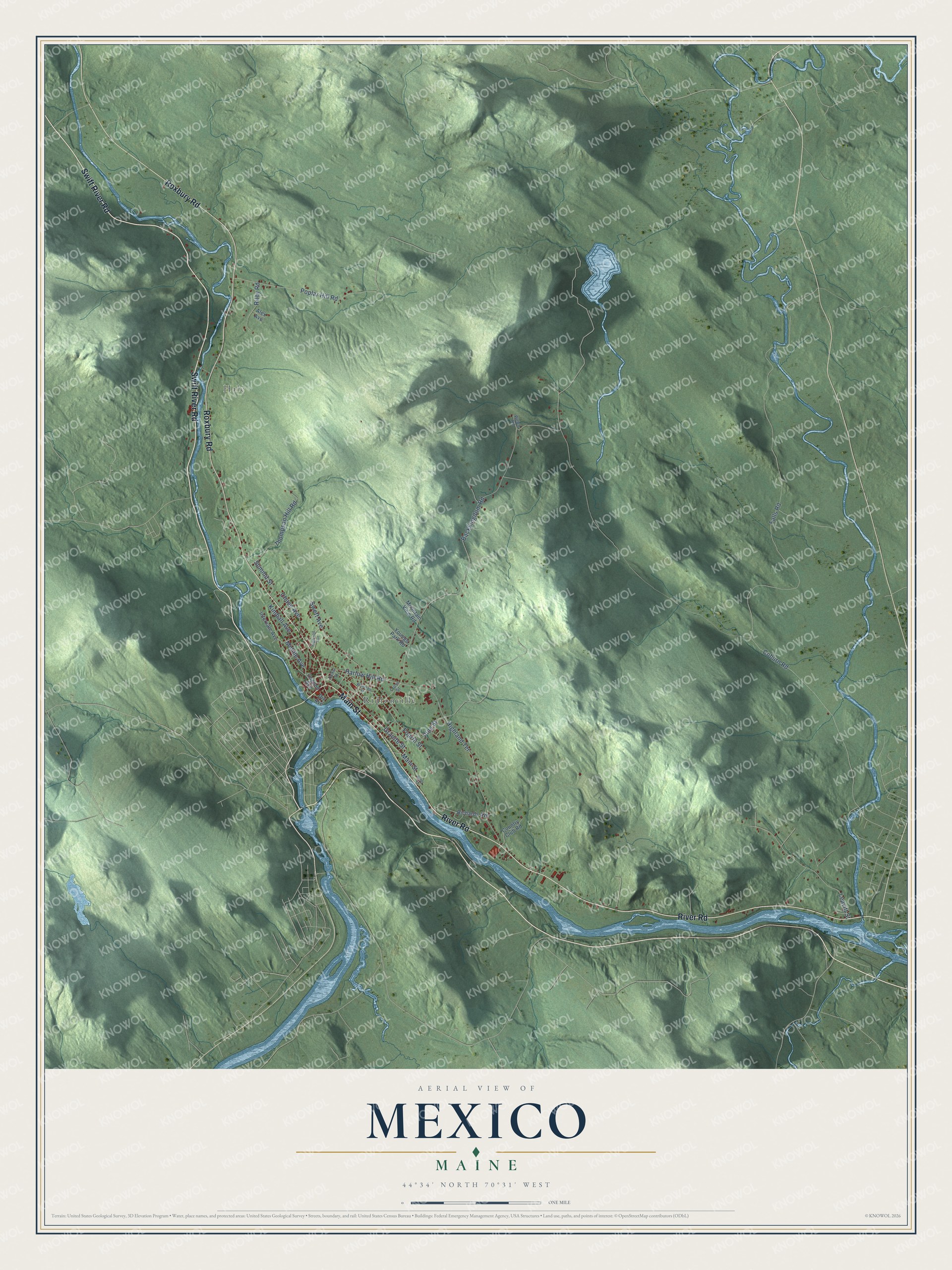 Aerial map of Mexico, Maine, showing roads, buildings, ponds and waterways, and terrain