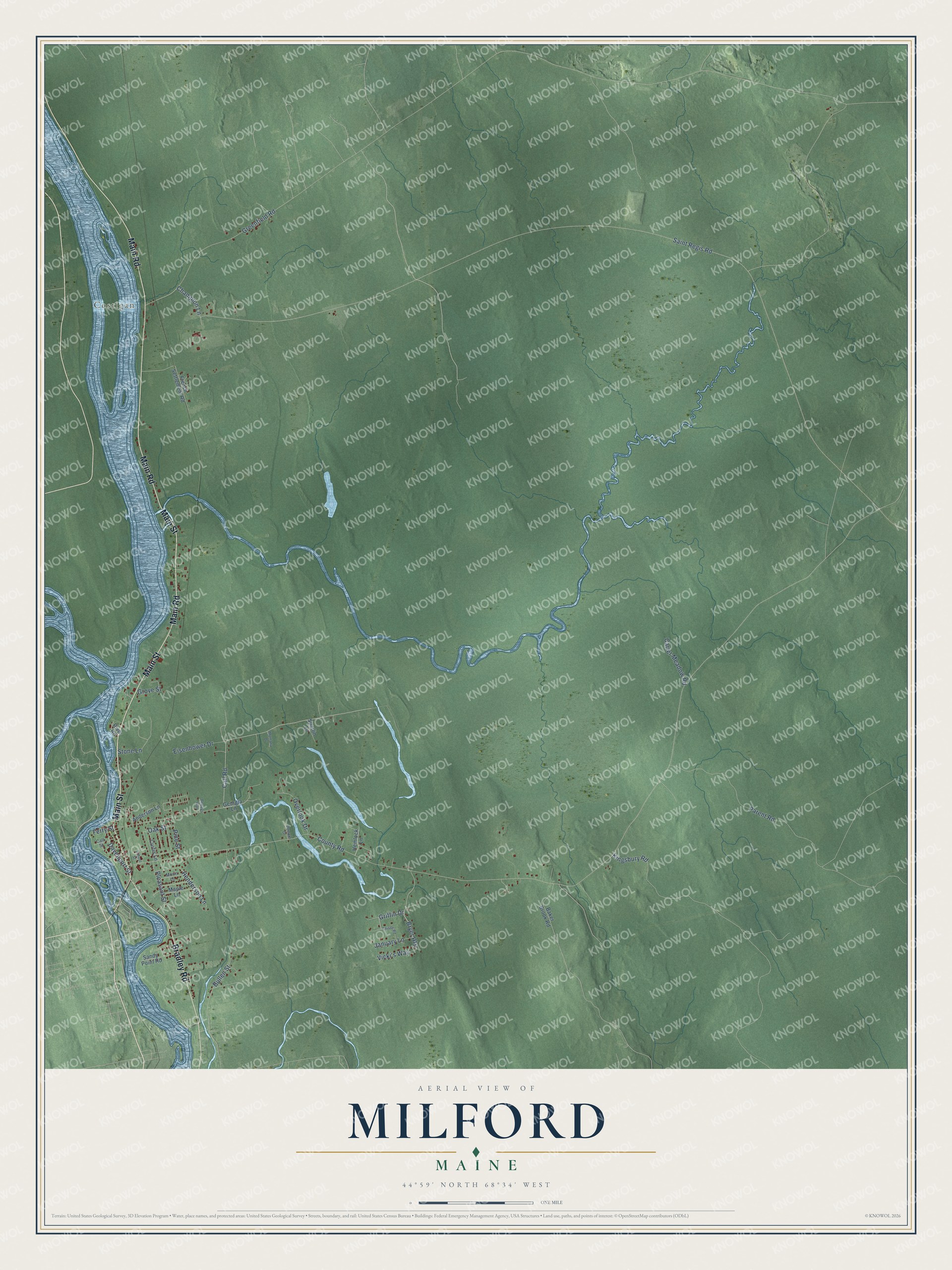 Aerial map of Milford, Maine, showing roads, buildings, ponds and waterways, and terrain