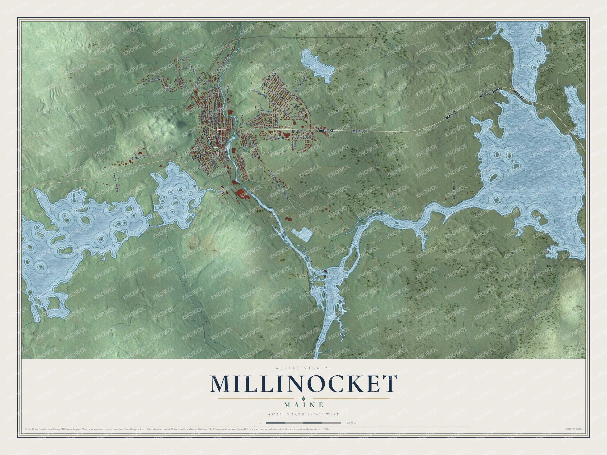 Aerial map of Millinocket, Maine, showing streets, buildings, ponds and waterways, and terrain