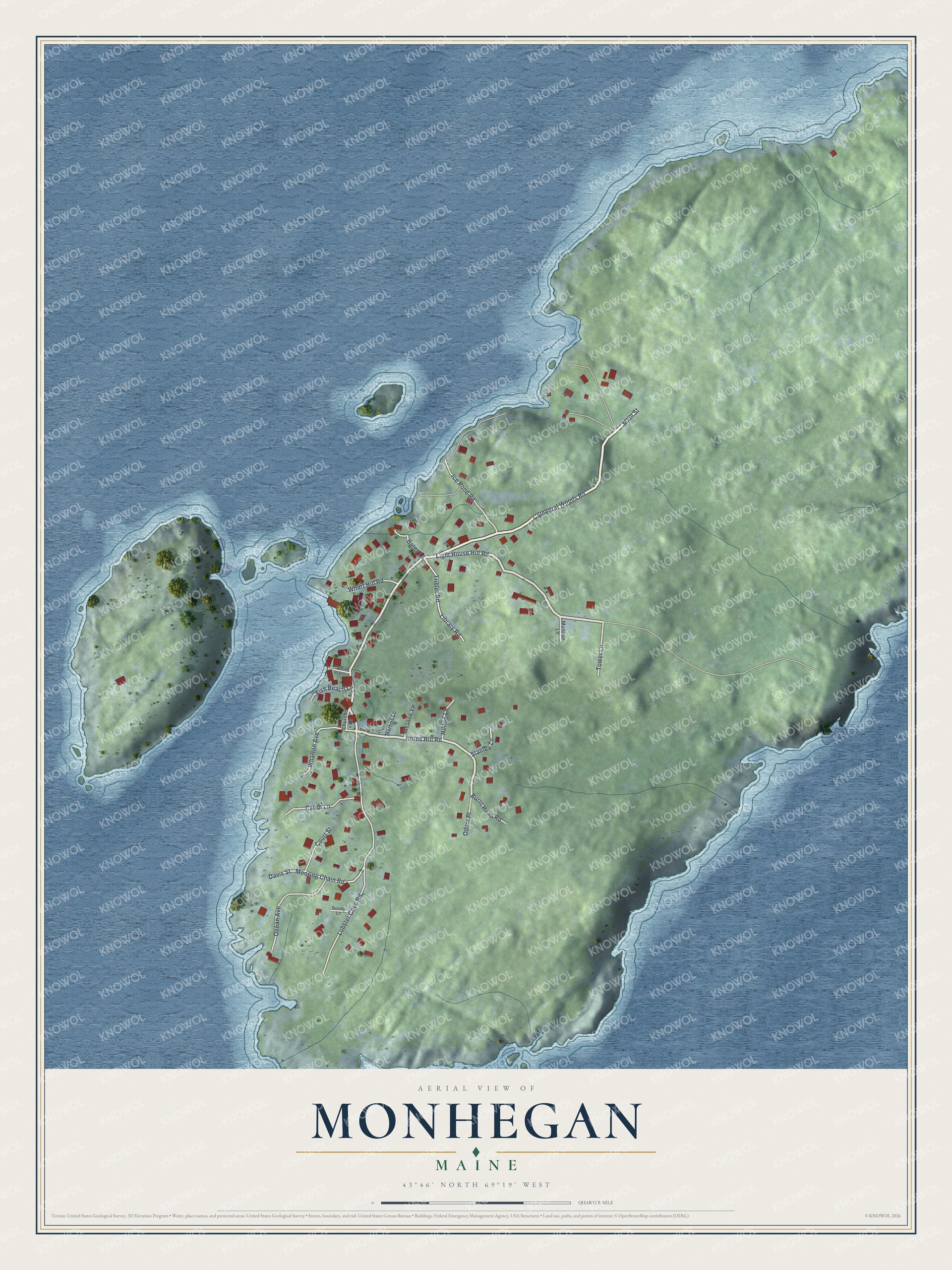 Aerial map of Monhegan, Maine, showing streets, buildings, coastline and terrain