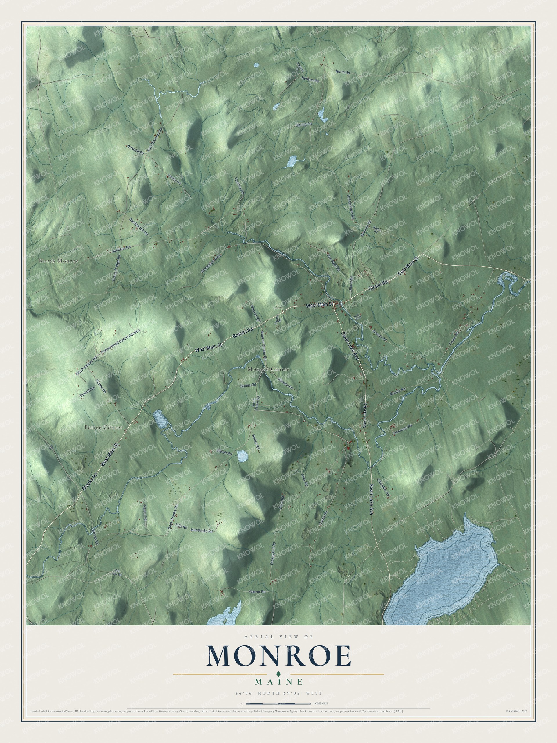 Aerial map of Monroe, Maine, showing roads, buildings, ponds and waterways, and terrain