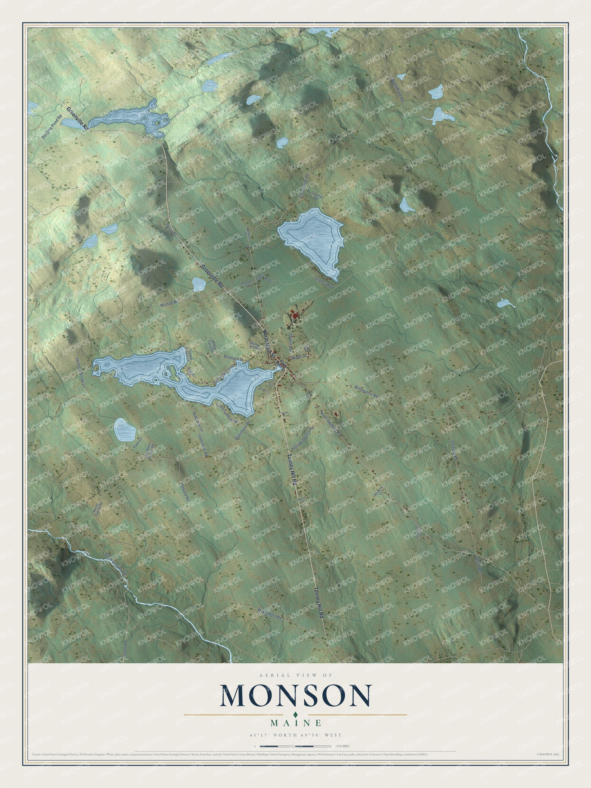 Aerial map of Monson, Maine, showing roads, buildings, ponds and waterways, and terrain