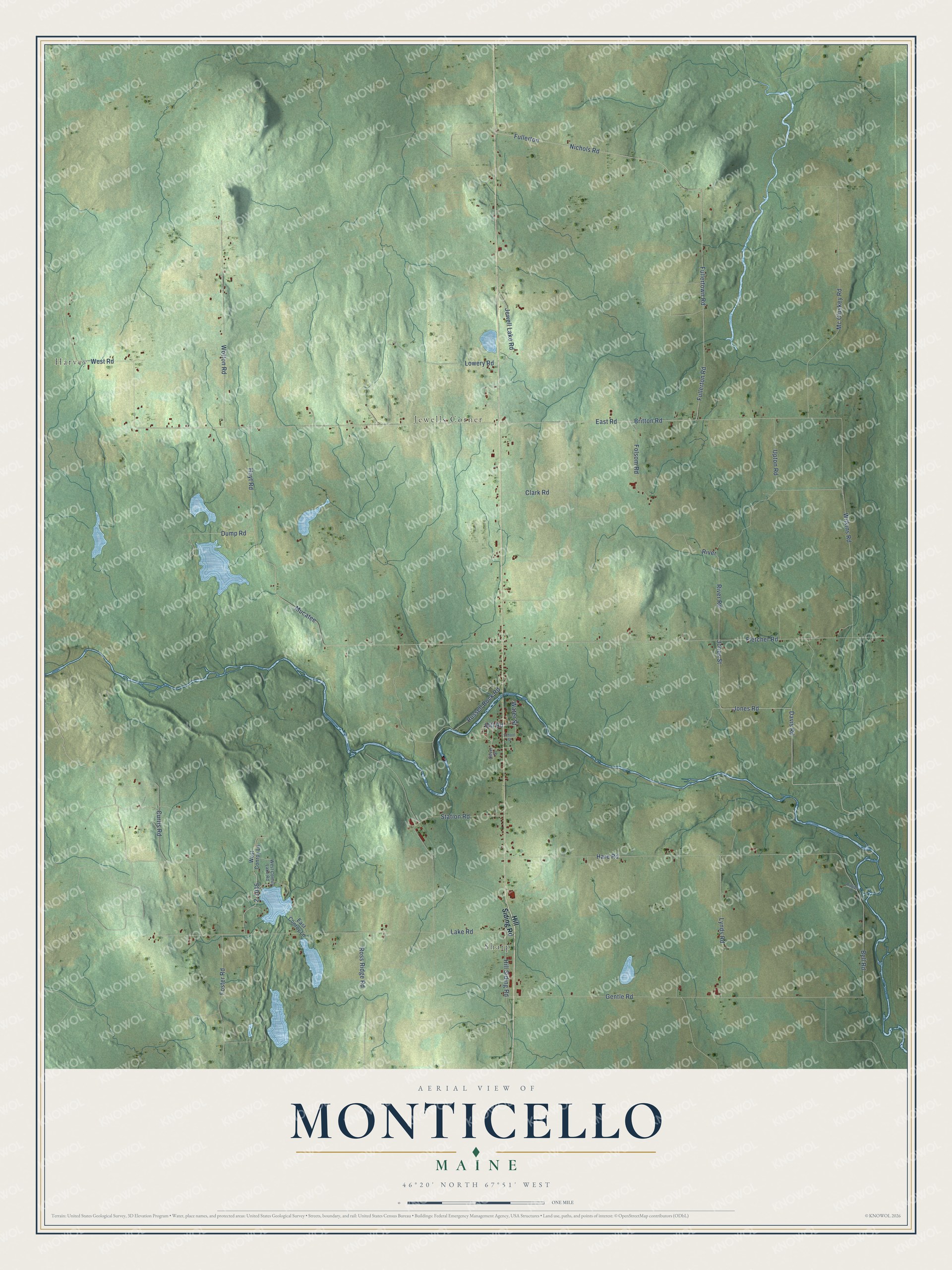 Aerial map of Monticello, Maine, showing roads, buildings, ponds and waterways, and terrain