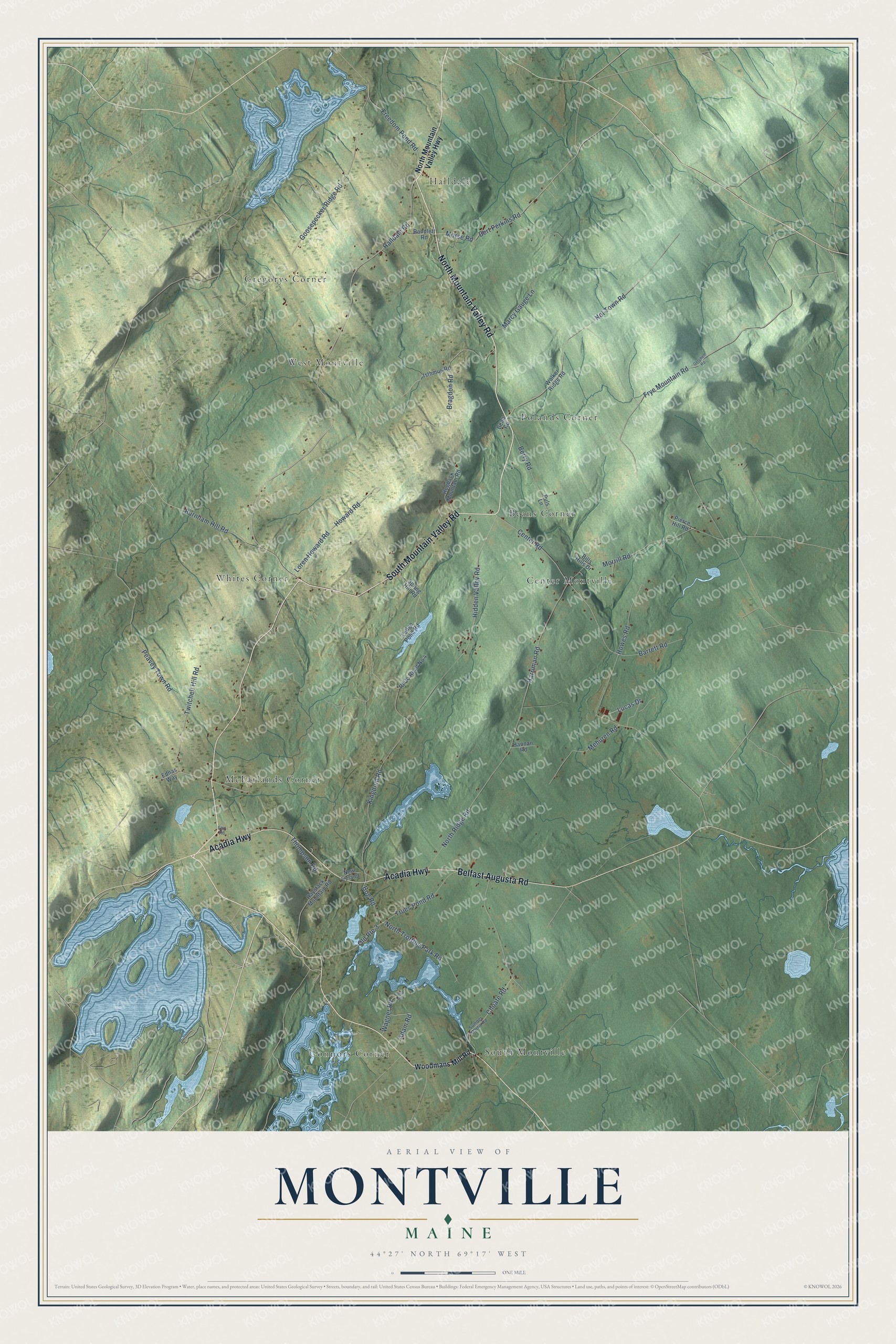 Aerial map of Montville, Maine, showing roads, buildings, ponds and waterways, and terrain