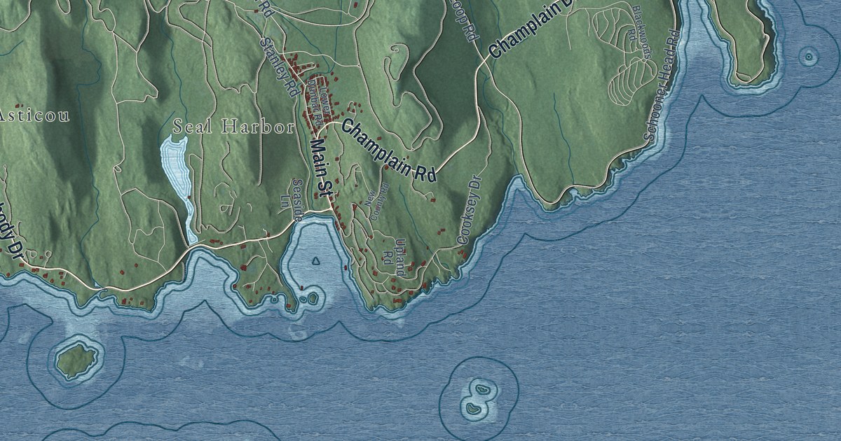 Close-up of streets and buildings in Mount Desert, Maine