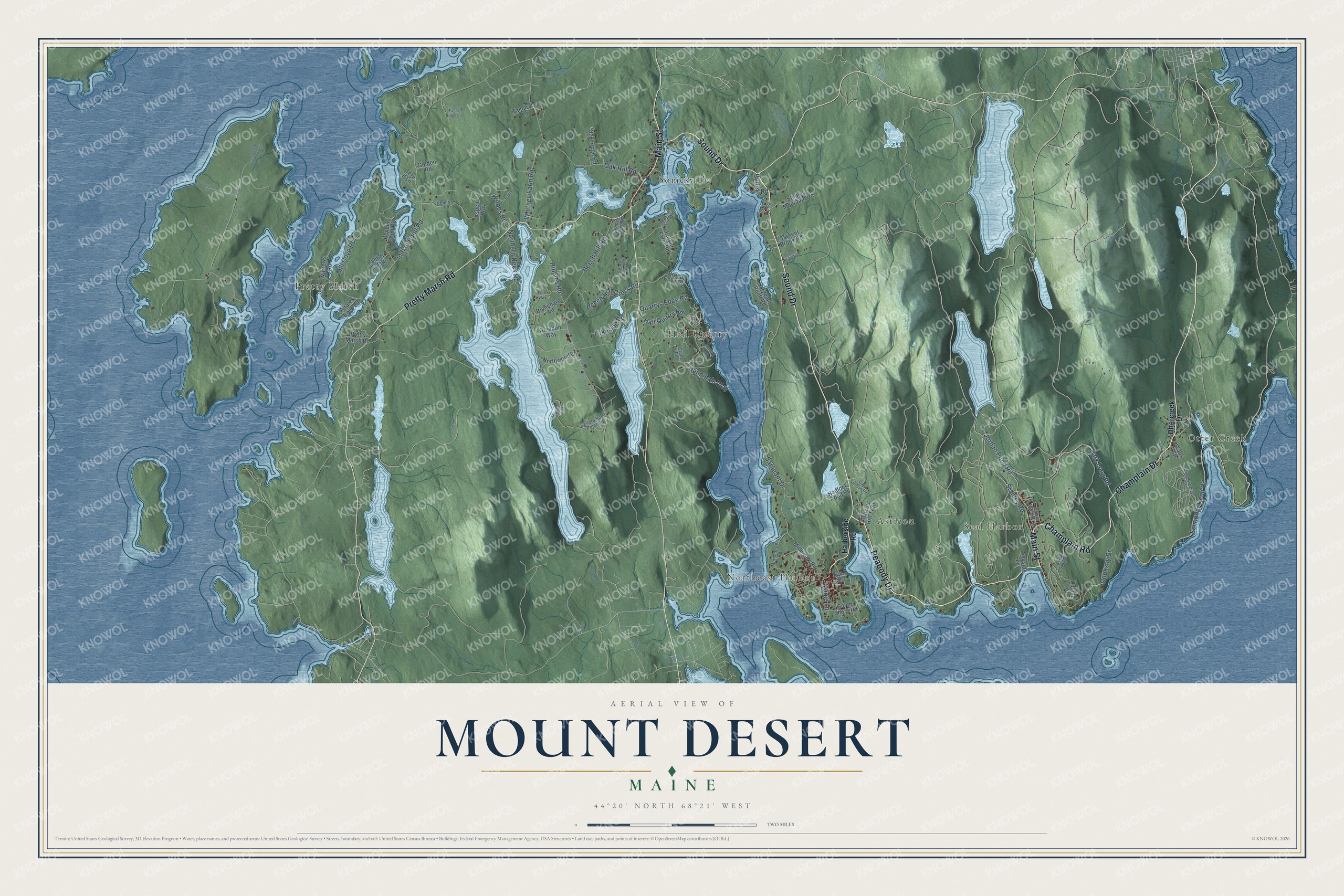 Aerial map of Mount Desert, Maine, showing roads, buildings, ponds and waterways, and terrain