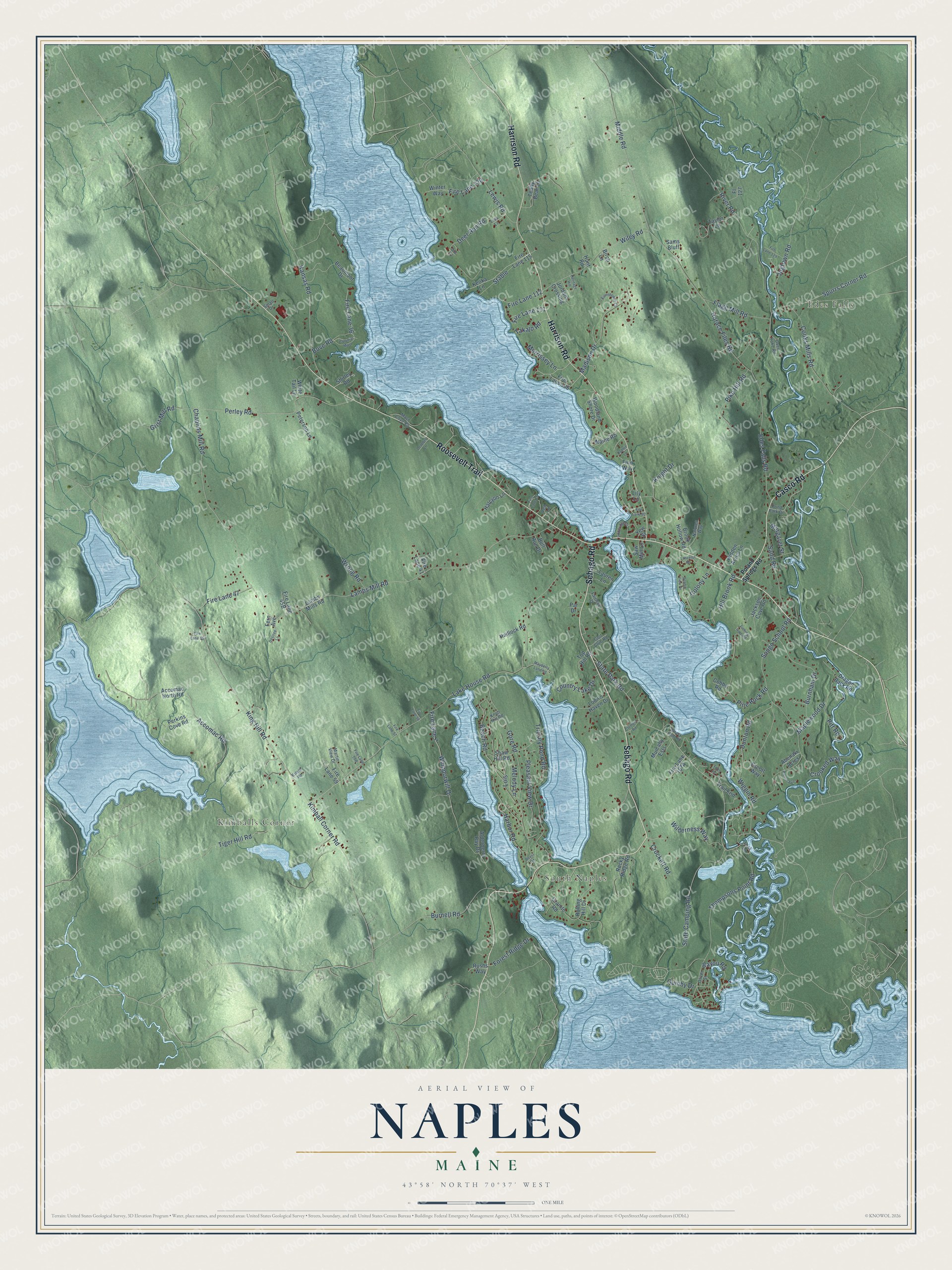 Aerial map of Naples, Maine, showing roads, buildings, ponds and waterways, and terrain