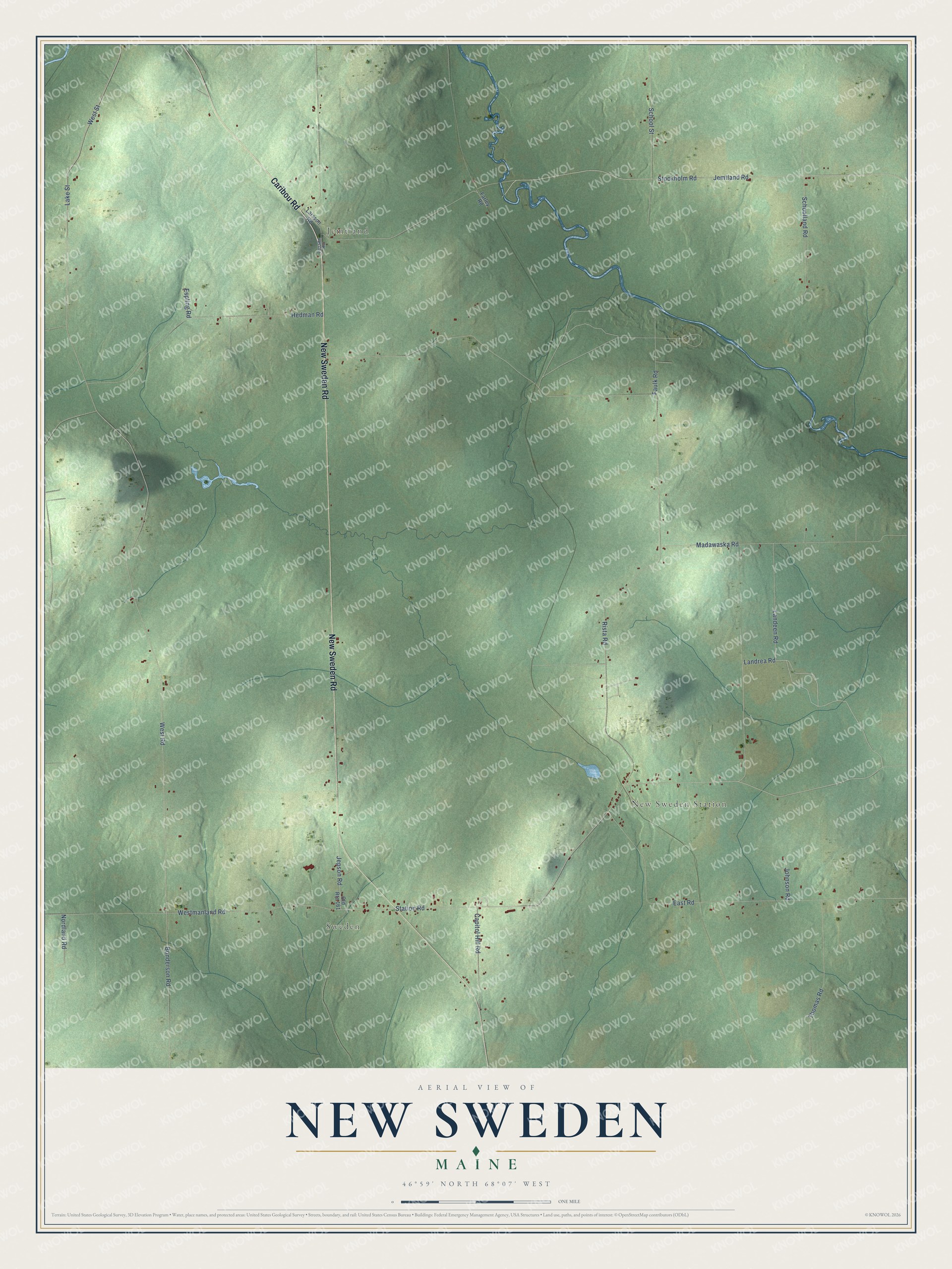 Aerial map of New Sweden, Maine, showing roads, buildings, ponds and waterways, and terrain