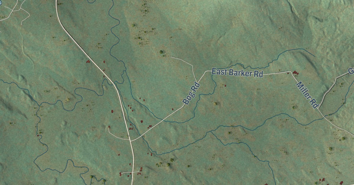 Close-up of streets and buildings in New Vineyard, Maine