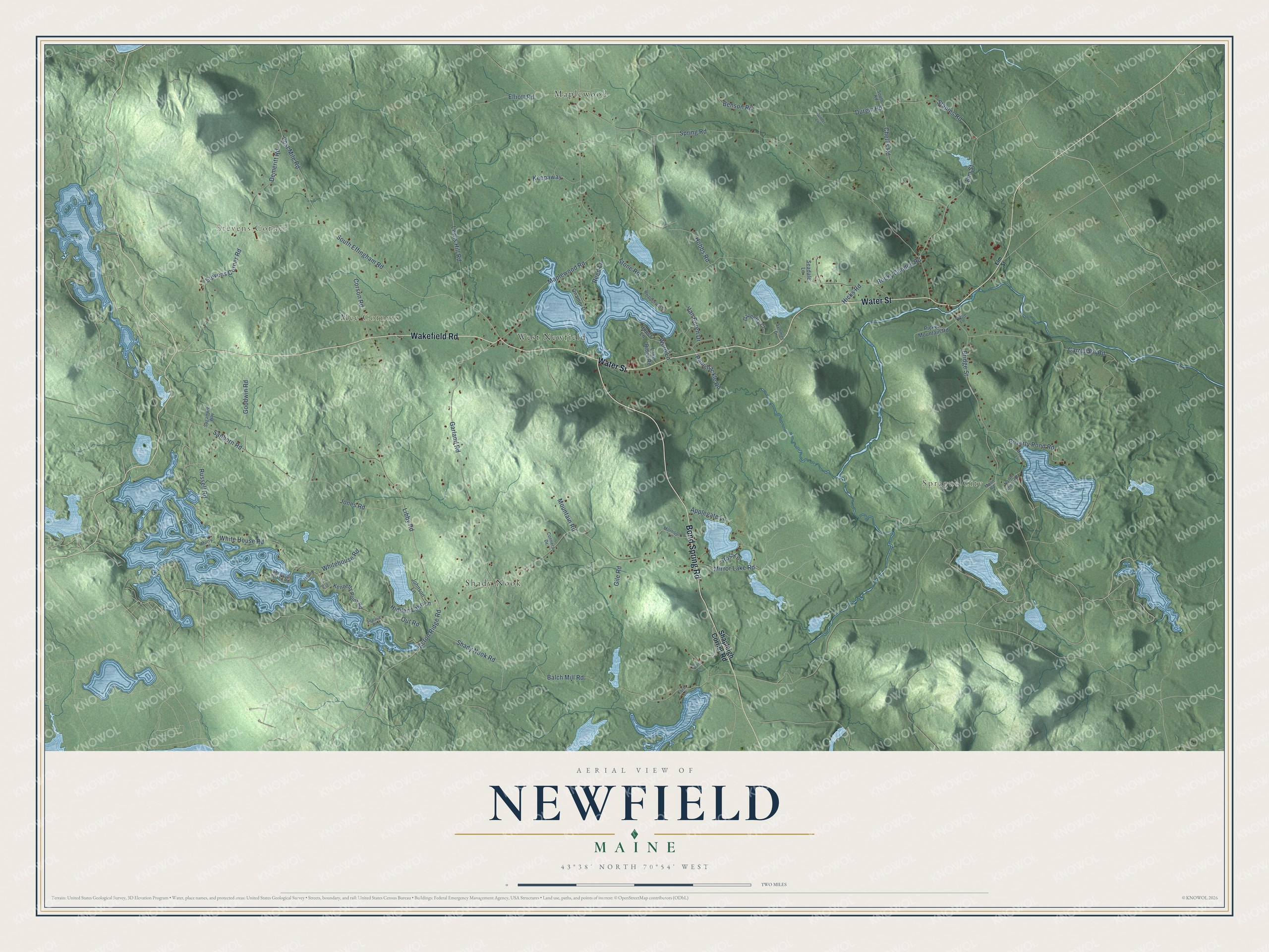 Aerial map of Newfield, Maine, showing roads, buildings, ponds and waterways, and terrain